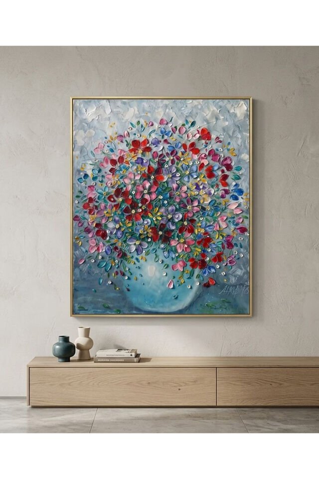 Tekli Gold Metal Yüksek Çözünürlüklü Dijital Baskı Elegant Çiçek Buketi Camlı Tablo Seti Gold - 60 X 90