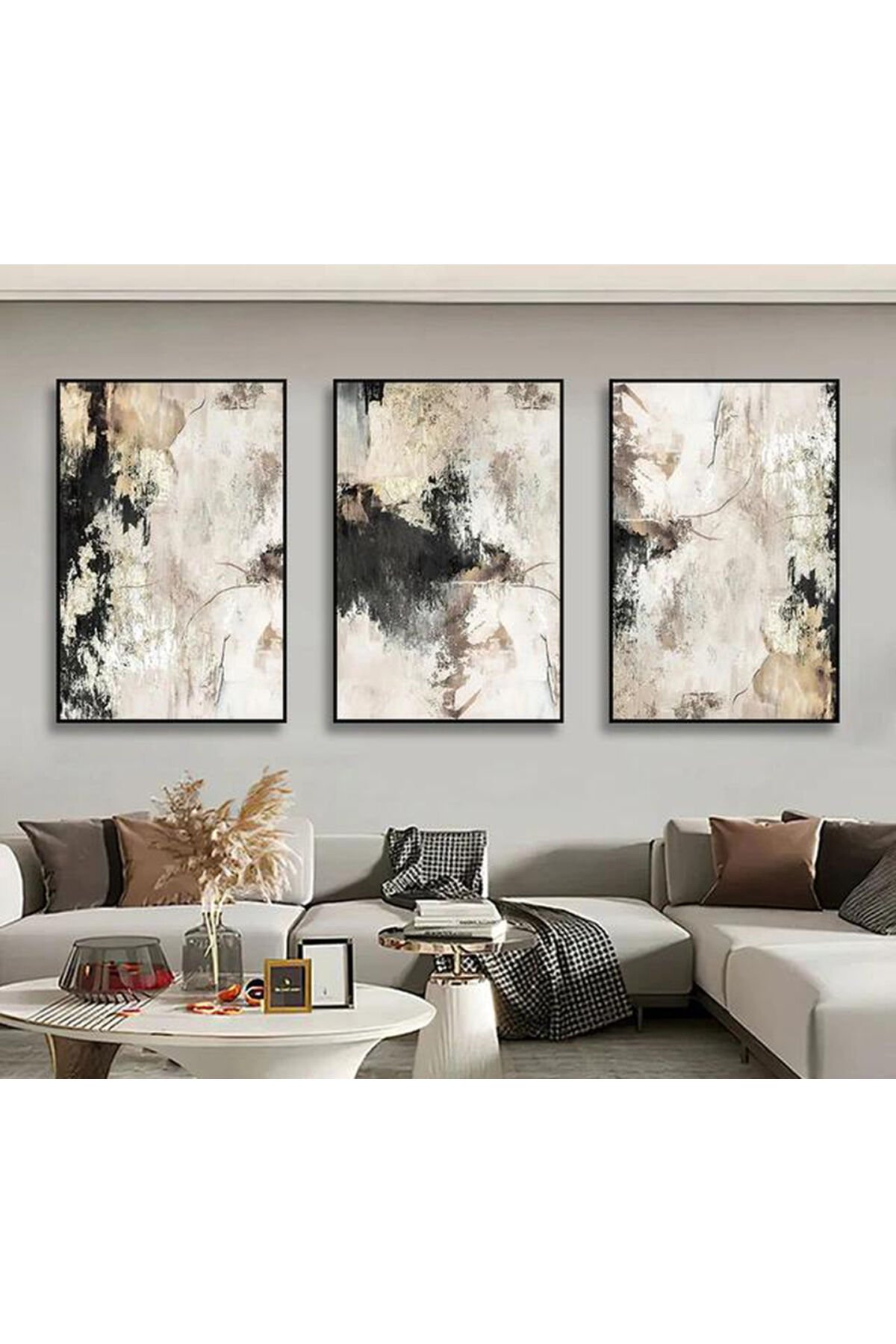 Üçlü Siyah Metal Çerçeve Siyah Krem Soyut Cam Tablo Seti