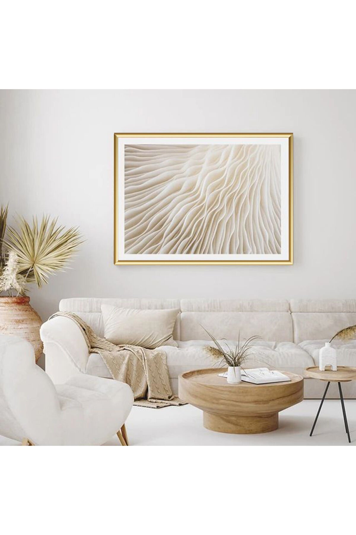 Tekli Gold Metal Çerçeveli Yatay Beyaz Poster Cam Tablo Seti