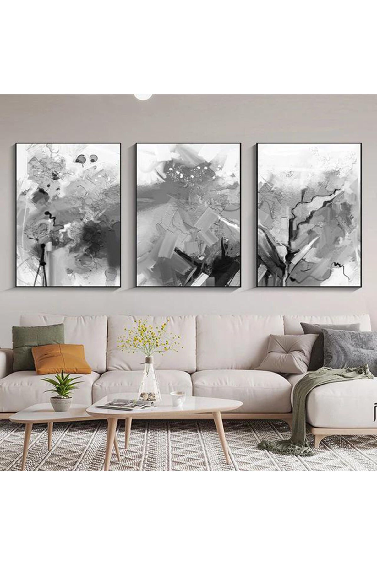 Üçlü Siyah Metal Çerçeve Gri Beyaz Sanatsal Cam Tablo Seti