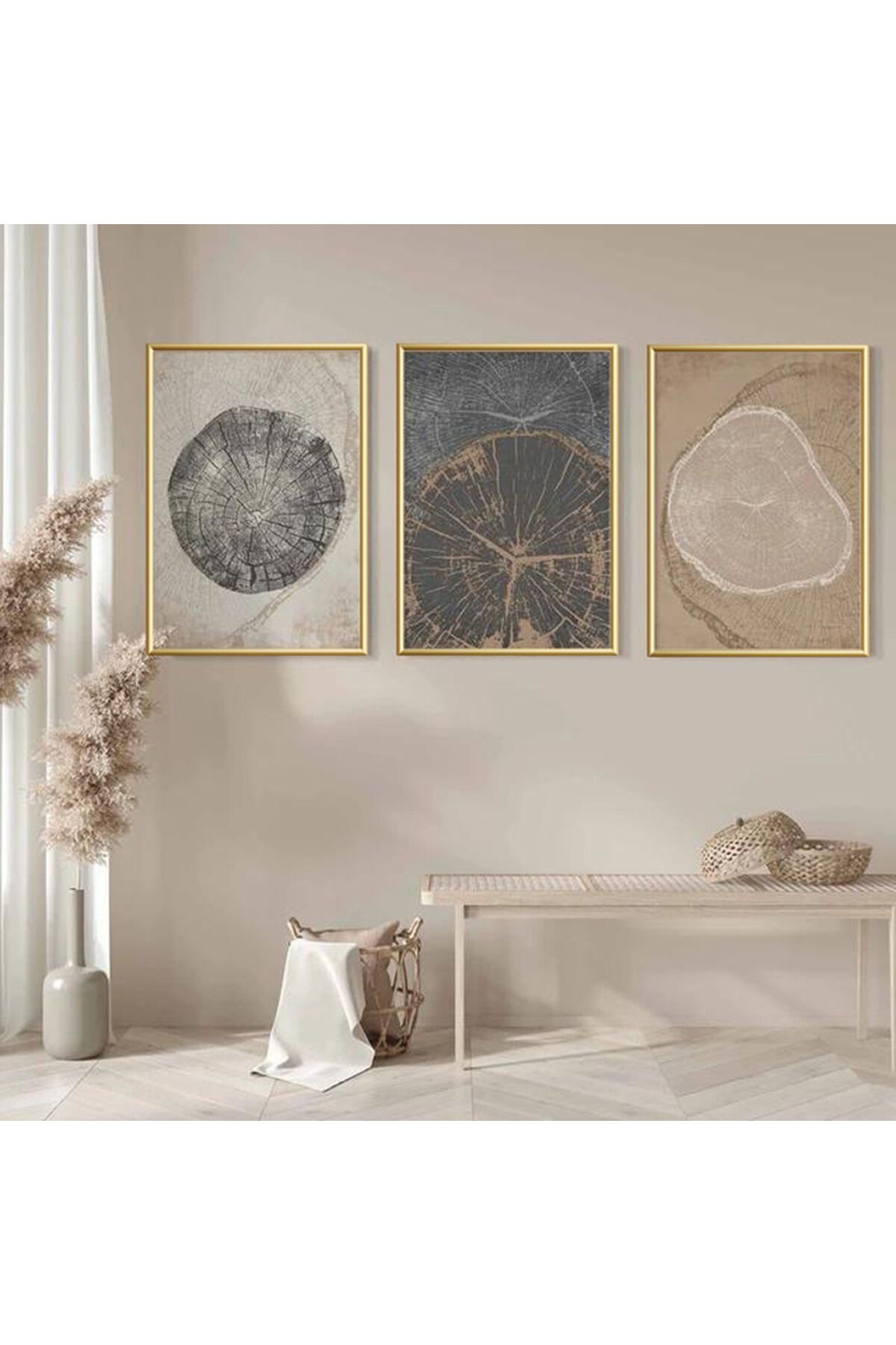 Üçlü Gold Metal Çerçeve Kahve Ağaç Desen Cam Tablo Seti