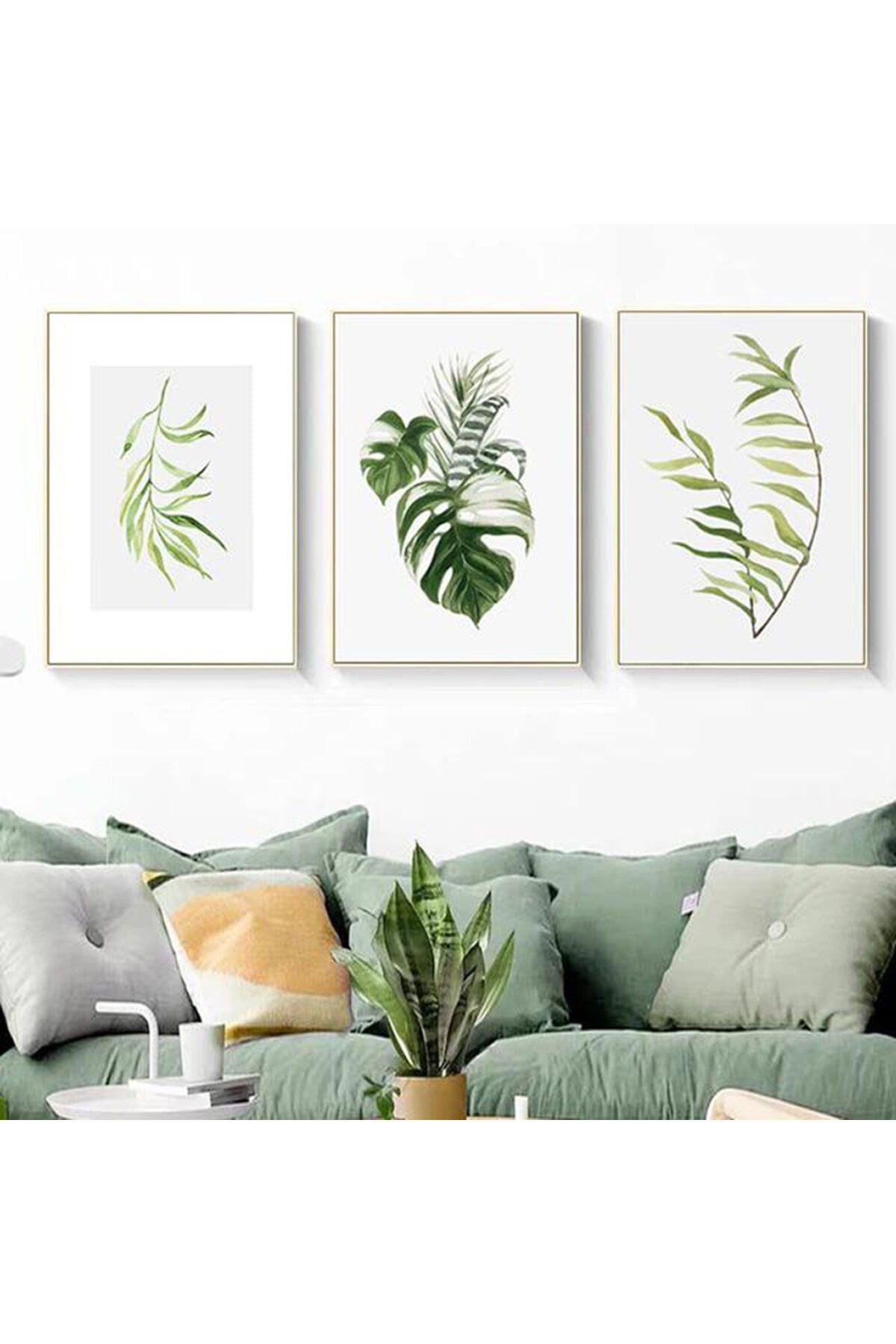 Üçlü Gold Metal Çerçeve Yeşil Yaprak Sade Cam Tablo Seti