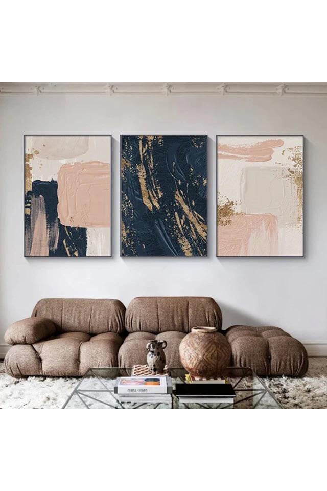 Üçlü Siyah Metal Çerçeve Lacivert Gül Bej Cam Tablo Seti