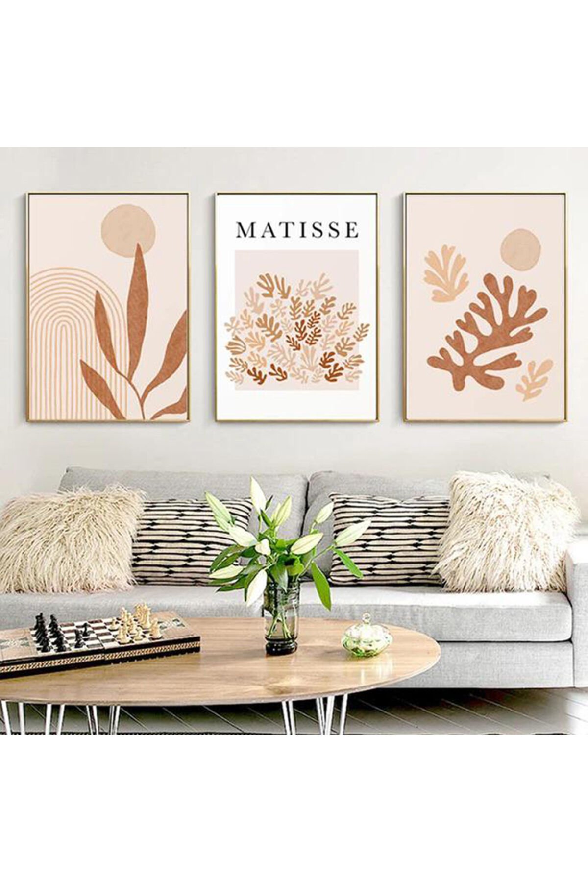 Üçlü Gold Metal Çerçeve Matisse Kahve Estetik Cam Tablo Seti