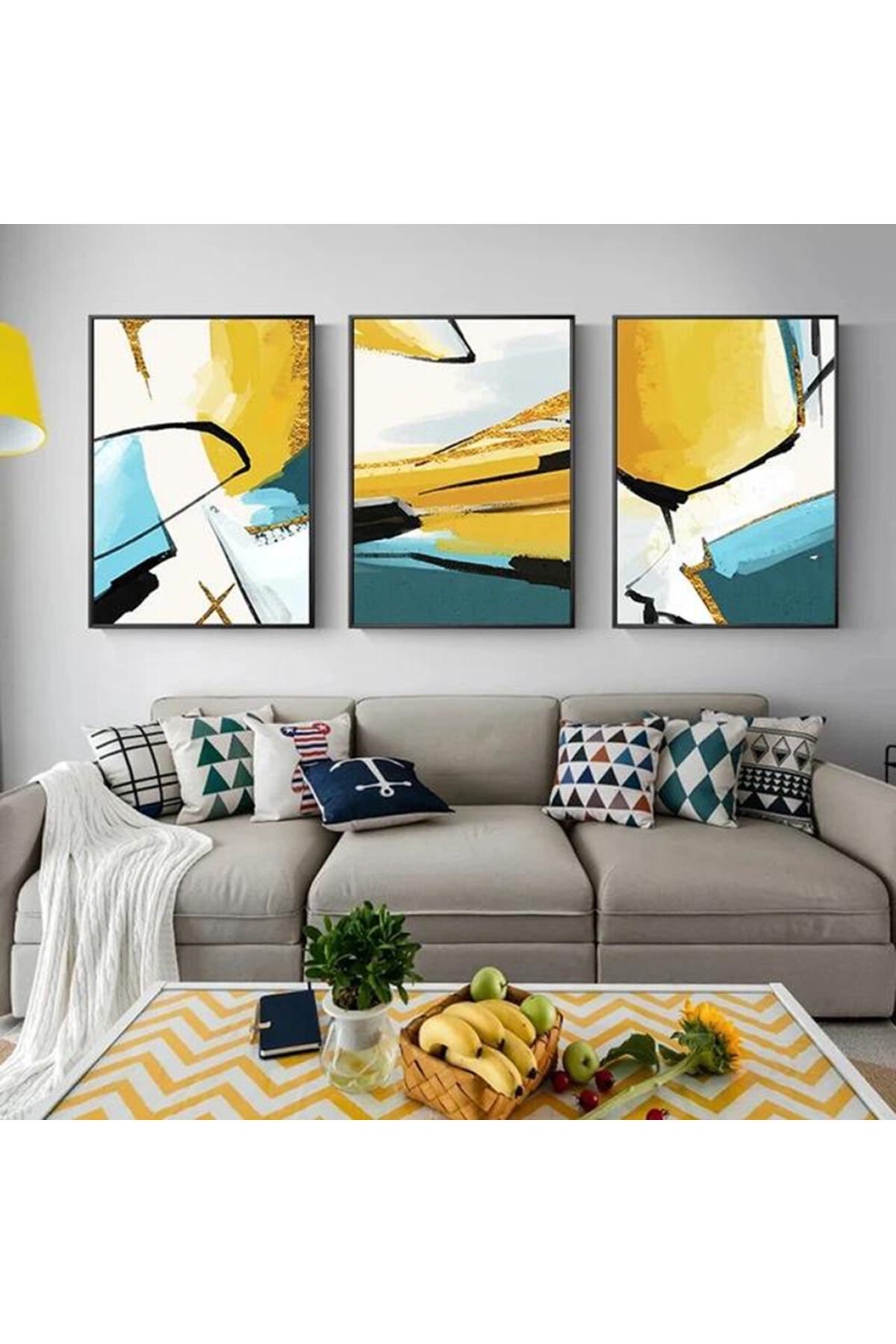 Üçlü Siyah Metal Çerçeve Sarı Mavi Canlı Cam Tablo Seti