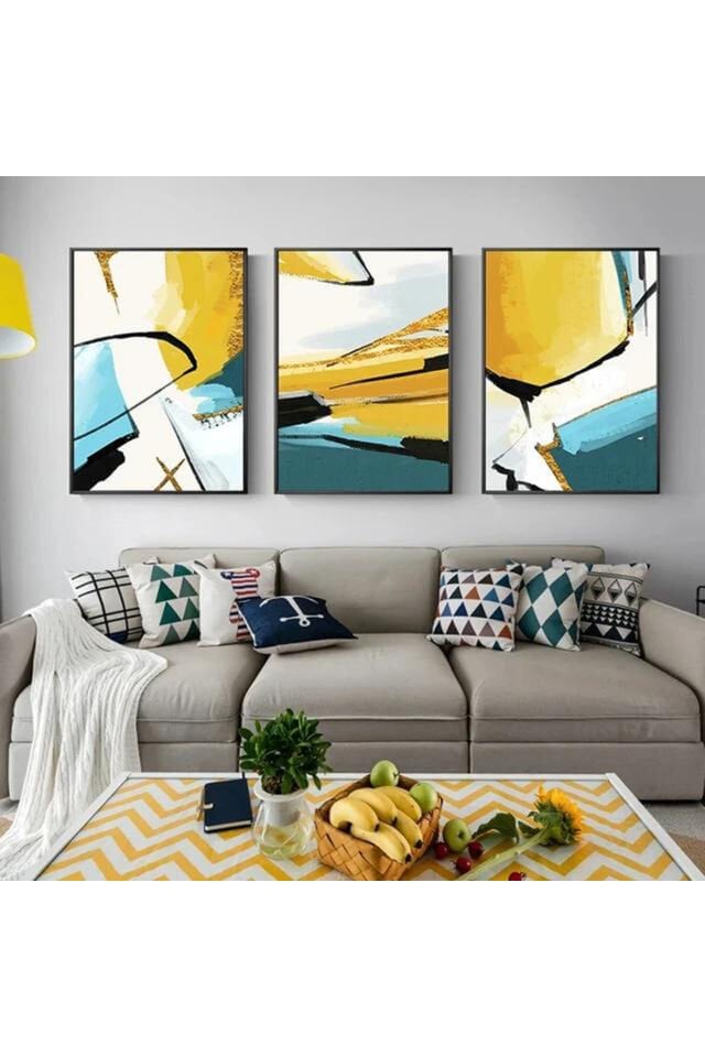 Üçlü Siyah Metal Çerçeve Sarı Mavi Canlı Cam Tablo Seti