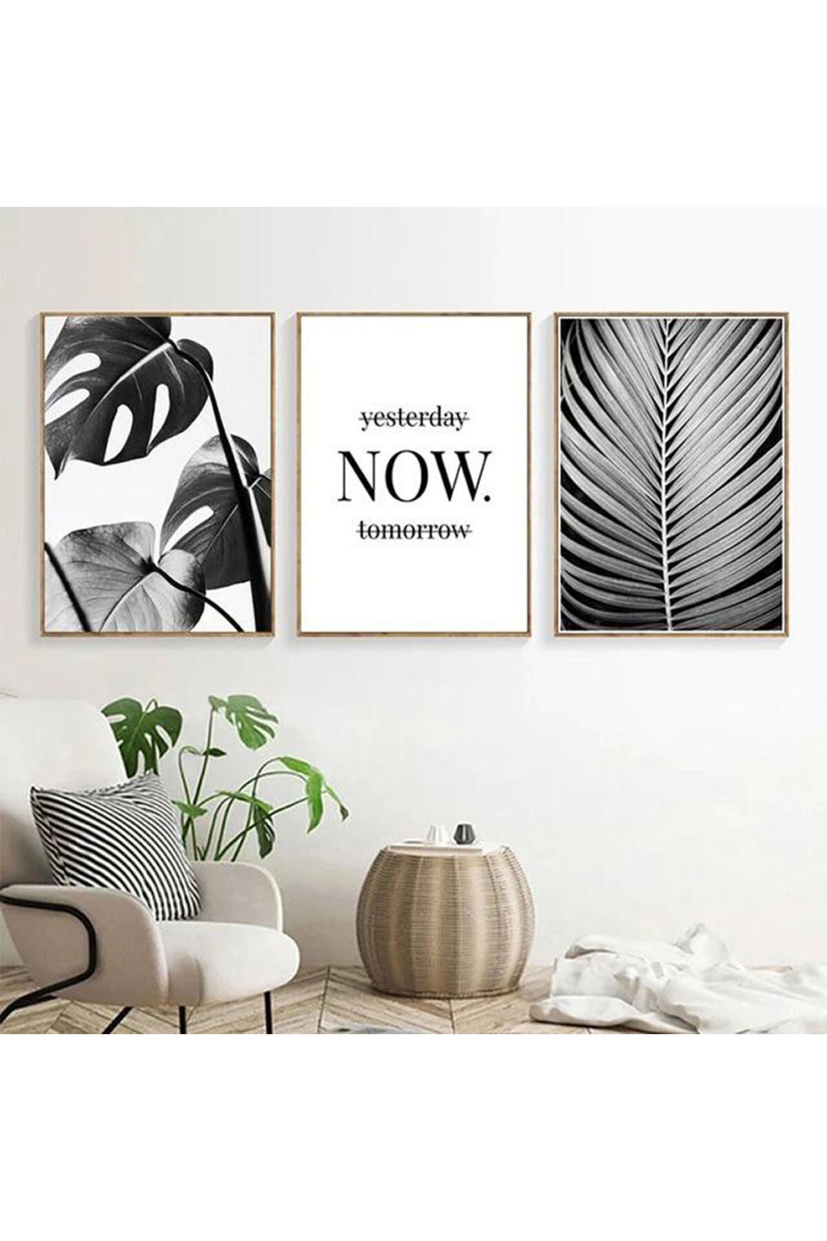 Üçlü Gold Metal Çerçeve Siyah Beyaz Anı Yaşa Cam Tablo Seti