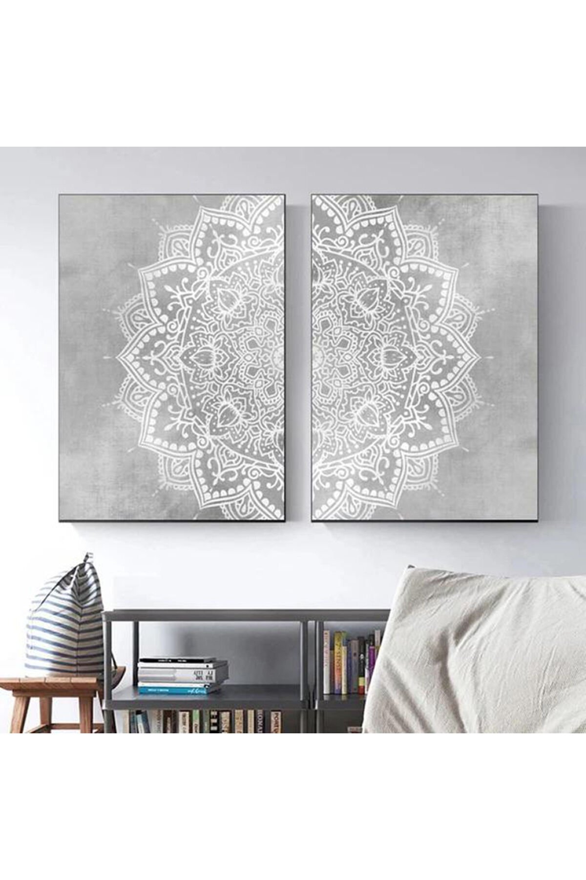 İkili Siyah Metal Çerçeveli Gri Motif Cam Tablo Seti