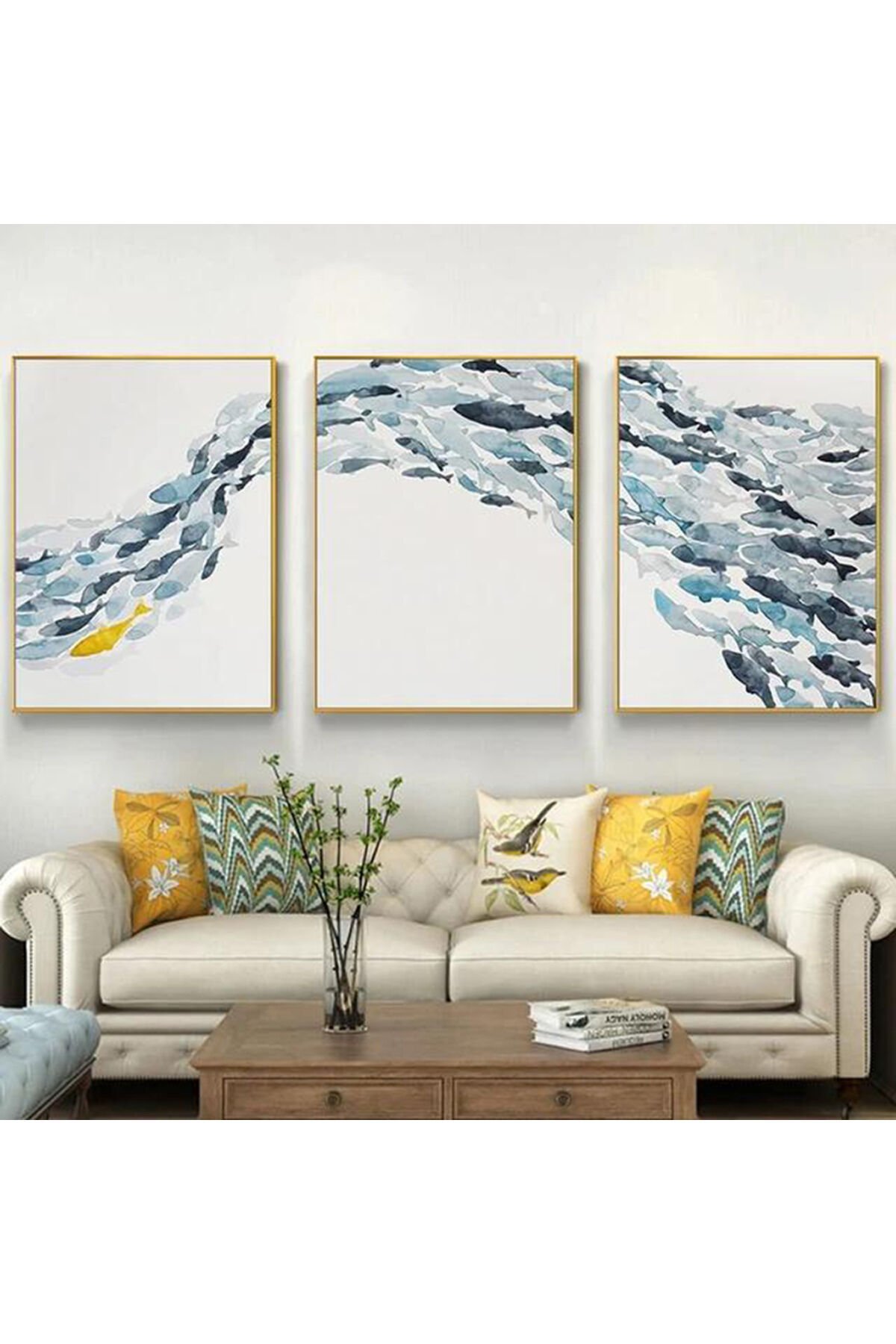 3 lü Gold Metal Çerçeve Mavi Balıklar Cam Tablo Seti