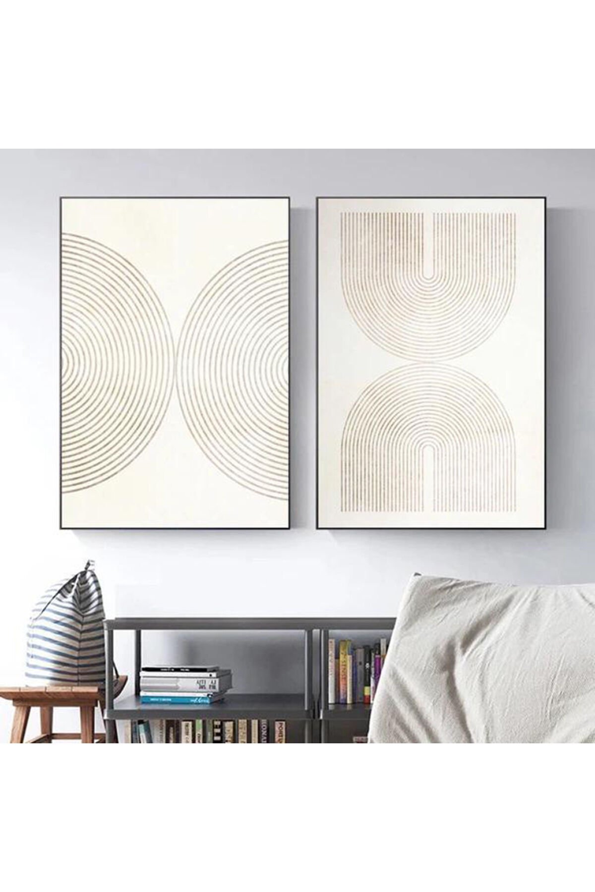 İkili Siyah Metal Çerçeveli Modern Krem Derz Tablo Seti