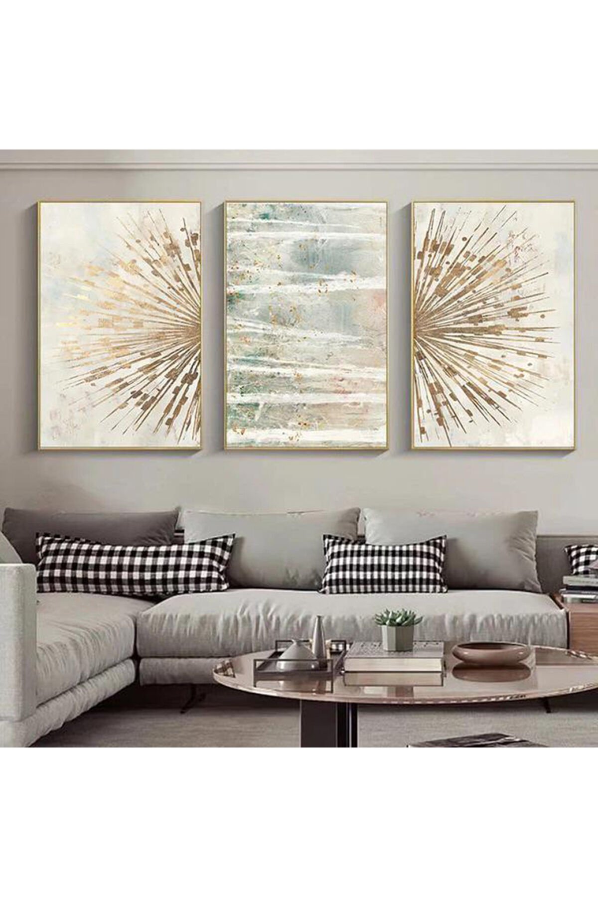 Üçlü Gold Metal Çerçeve Şık Estetik Cam Tablo Seti