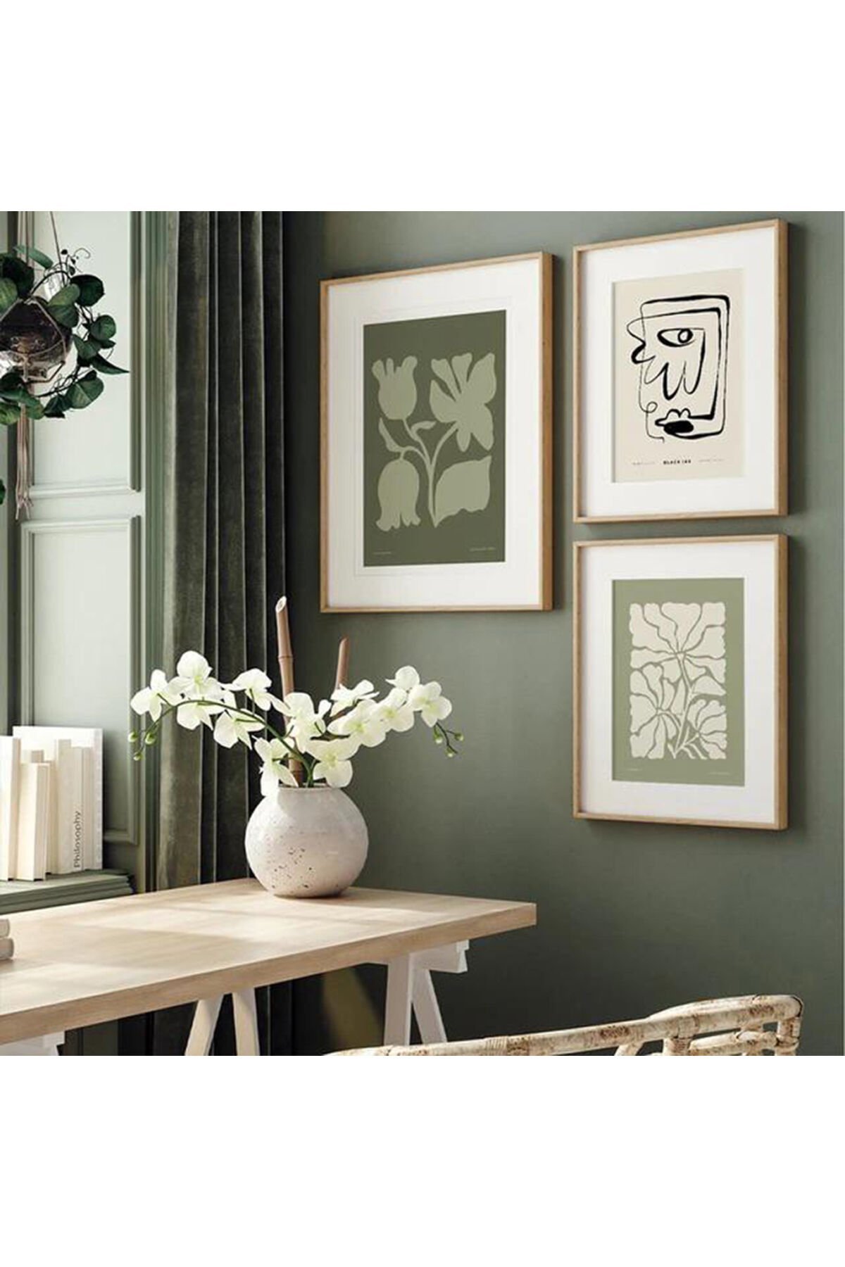 3lü Gold Metal Çerçeve Yeşil Sanatsal Cam Tablo Seti