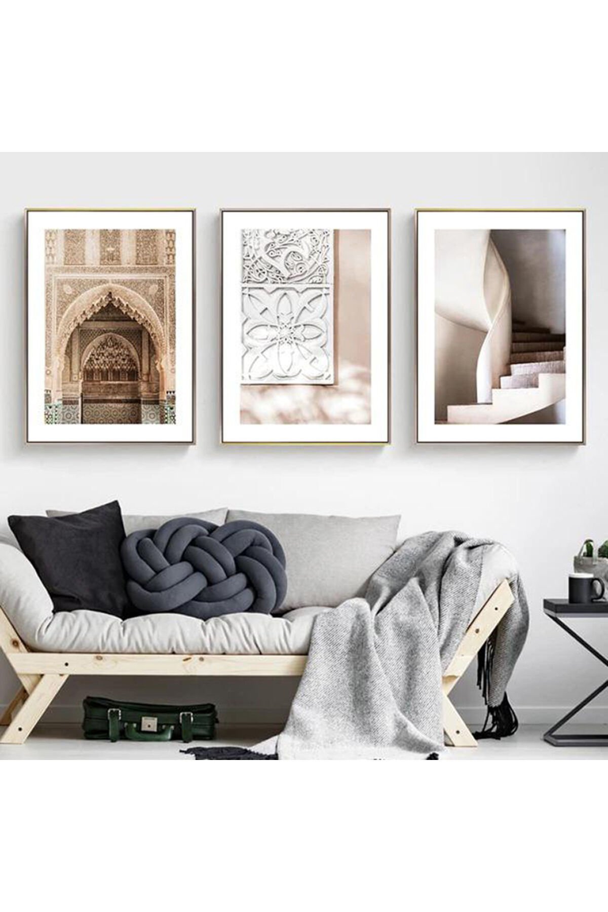 3lü Gold Metal Çerçeve Mimari Merdiven Cam Tablo Seti