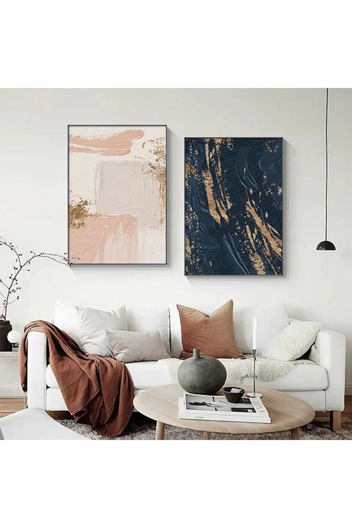 İkili Siyah Metal Çerçeveli Gül Kurusu Bej Cam Tablo Seti