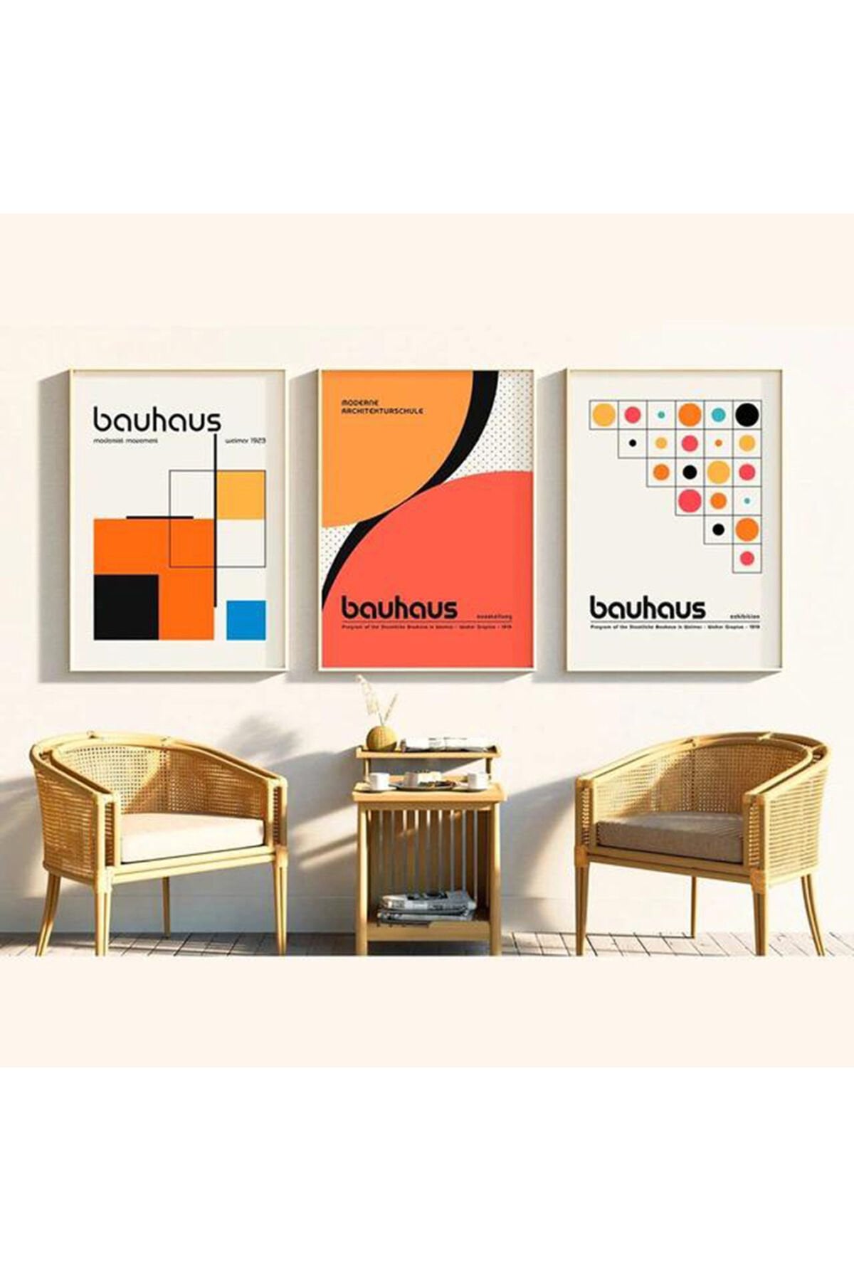 Üçlü Gold Metal Çerçeve Kırmızı Turuncu Mimari Cam Tablo Seti