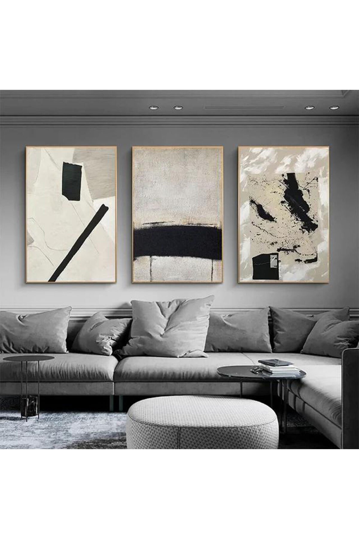 Üçlü Gold Metal Çerçeve Gri Siyah Sanatsal Cam Tablo Seti