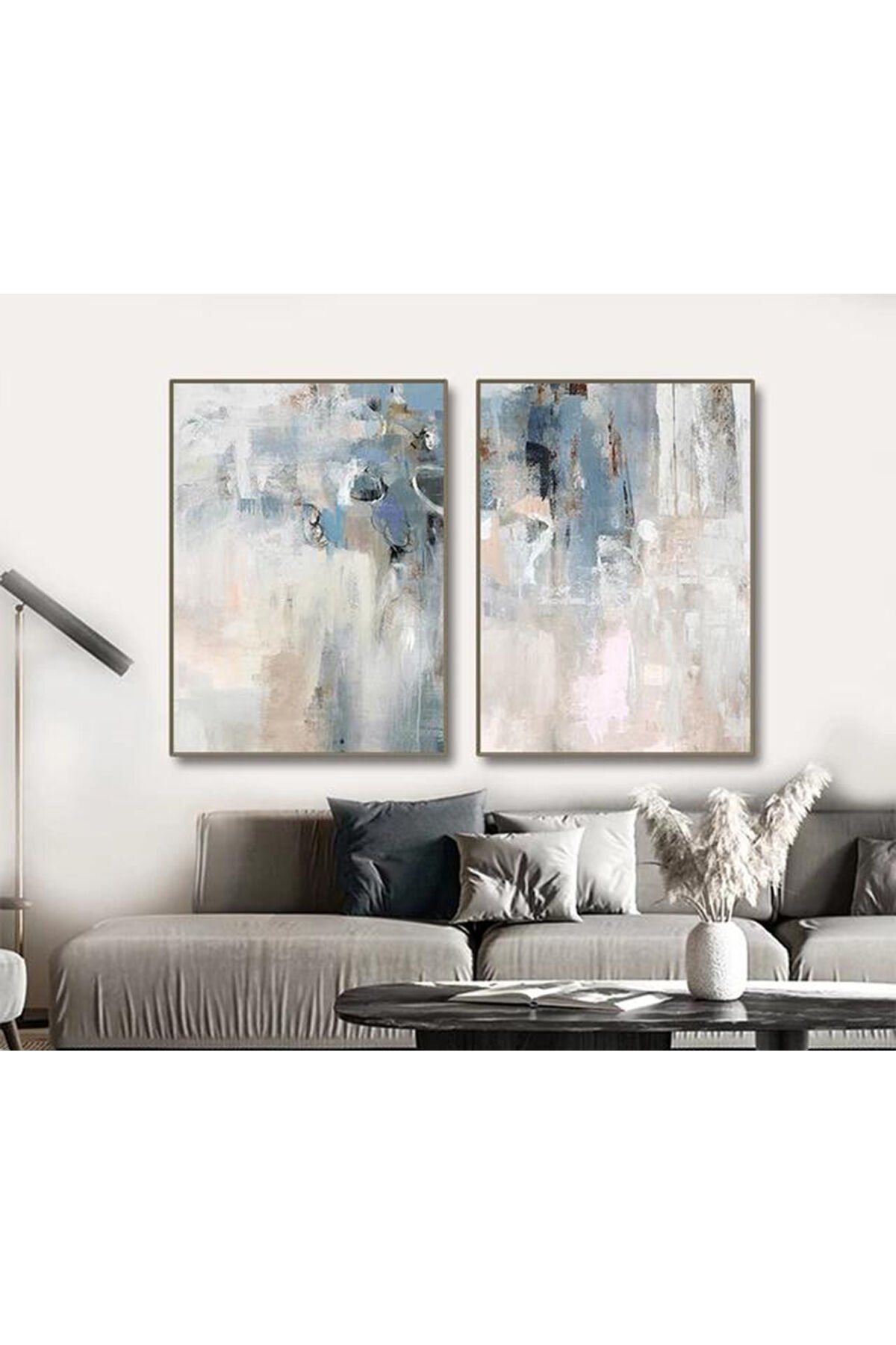 İkili Siyah Metal Çerçeveli Modern Mavi Gri Cam Tablo Seti