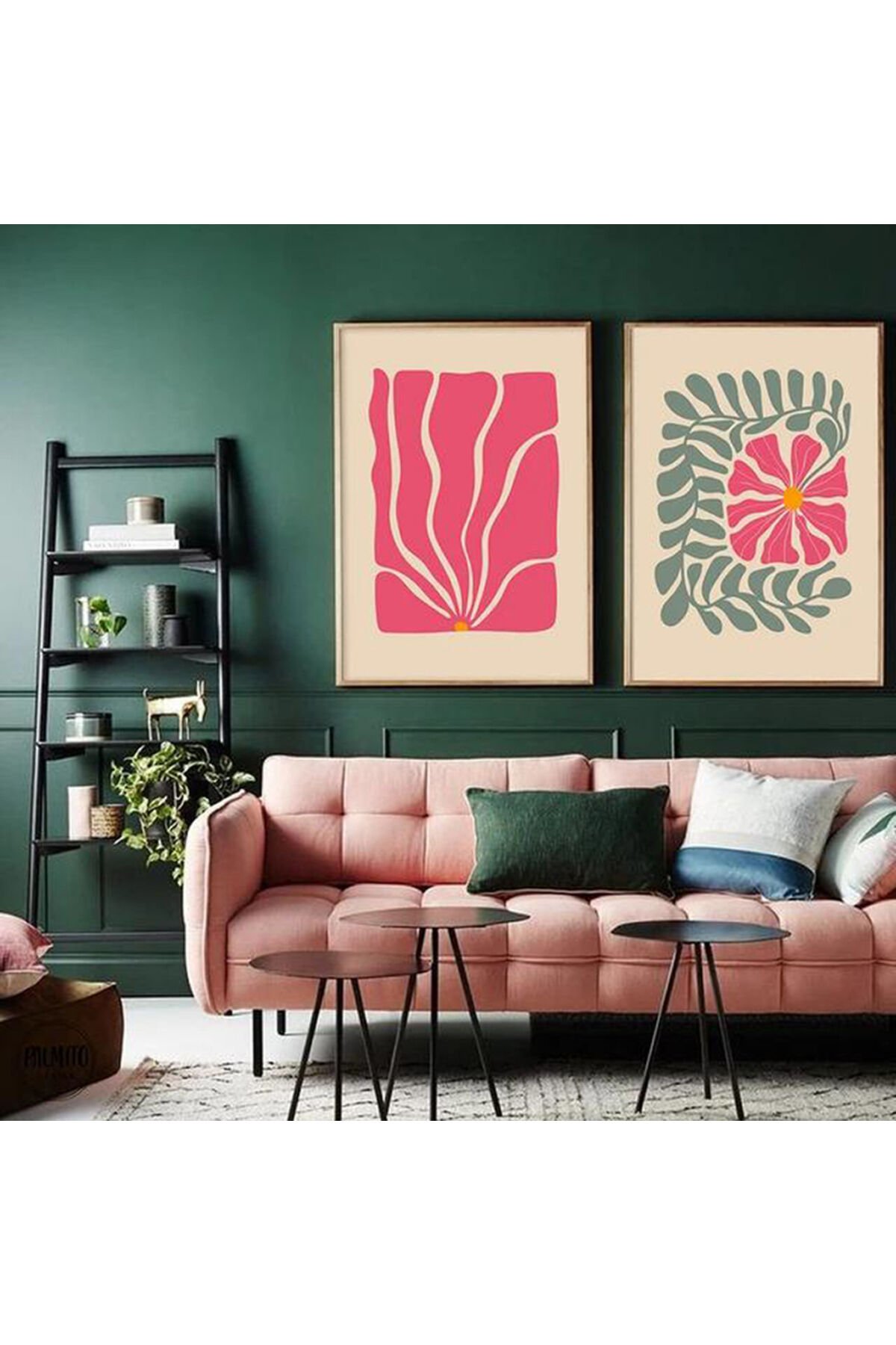 2 li Gold Metal Çerçeveli Pembe Yeşil Camlı Tablo Seti