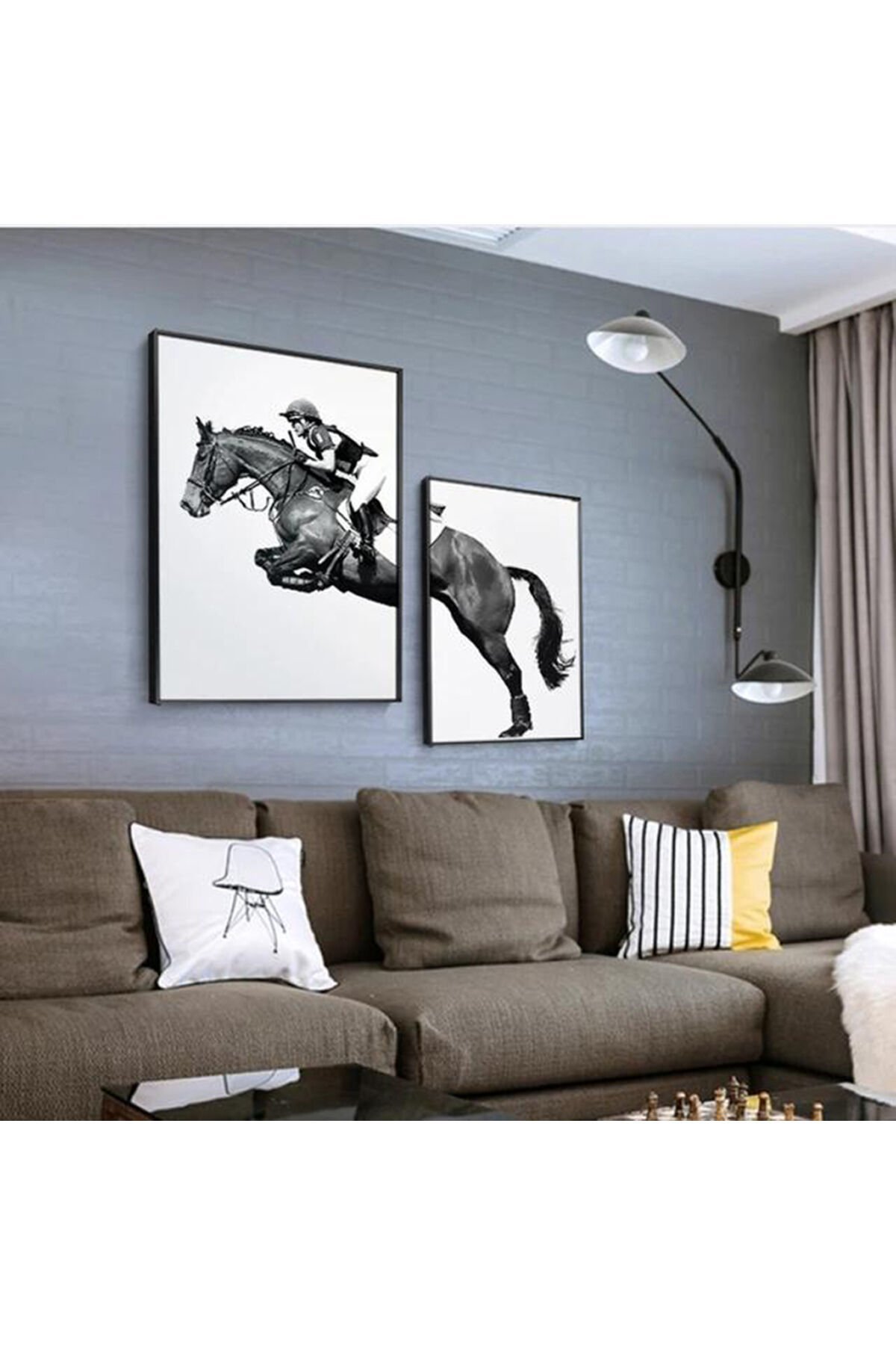 İkili Siyah Metal Çerçeveli At Jokey Cam Tablo Seti