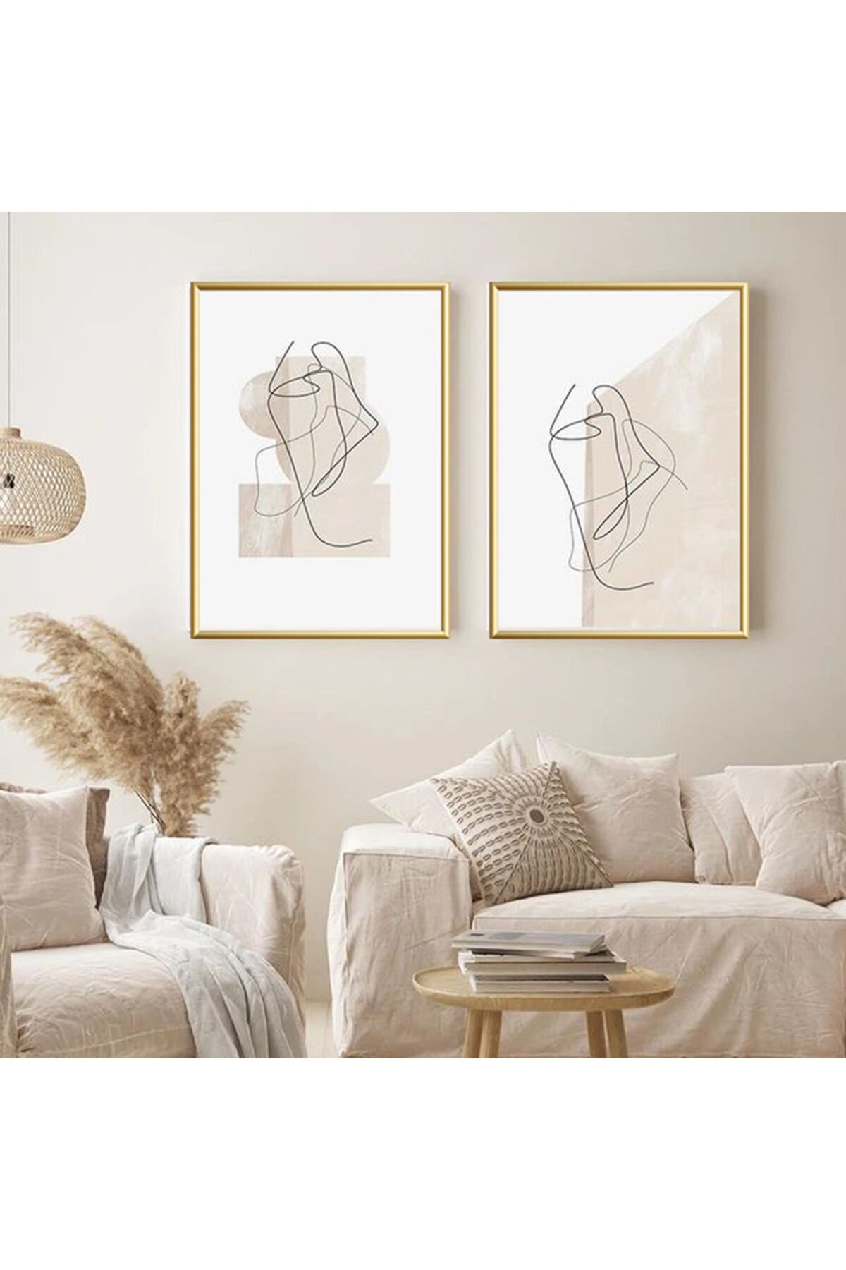 İkili Gold Metal Çerçeveli Krem Bohem Tarz Camlı Tablo Seti Gold - 30 X 40
