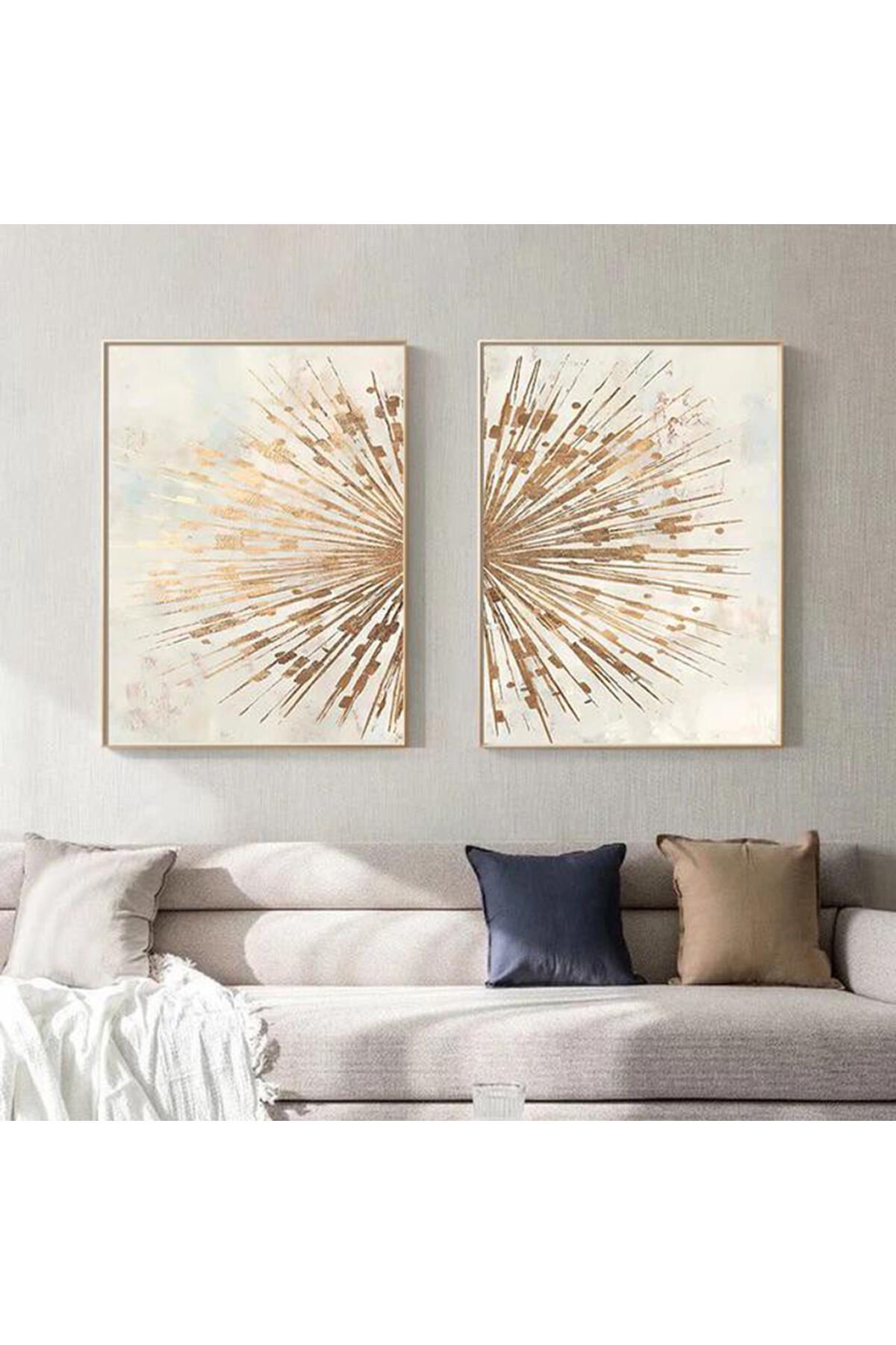 İkili Gold Metal Çerçeveli Altın Detay Sanatsal Camlı Tablo Seti