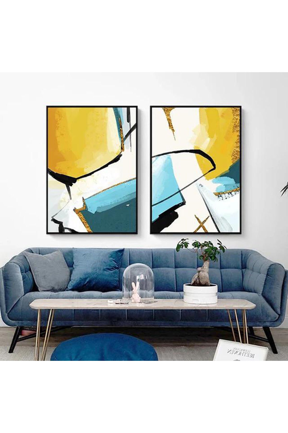 İkili Siyah Metal Çerçeveli Canlı Renkler Cam Tablo Seti