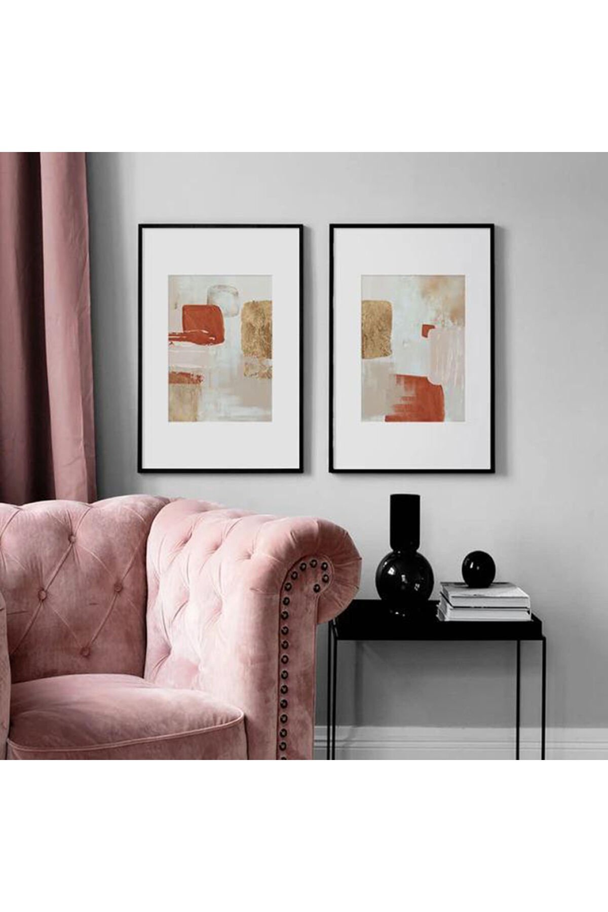 İkili Siyah Metal Çerçeveli Turuncu Cam Tablo Seti