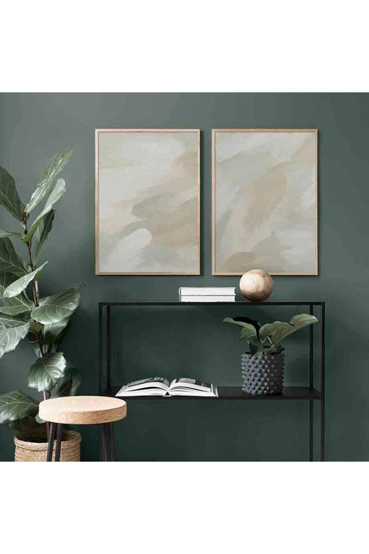 İkili Gold Metal Çerçeveli Gri Bej Camlı Tablo Seti