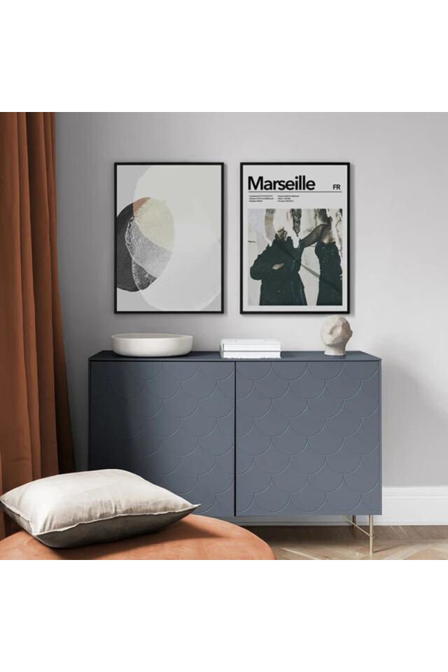 2 li Tablo Siyah Metal Çerçeveli Modern Soyut Afiş Cam Seti