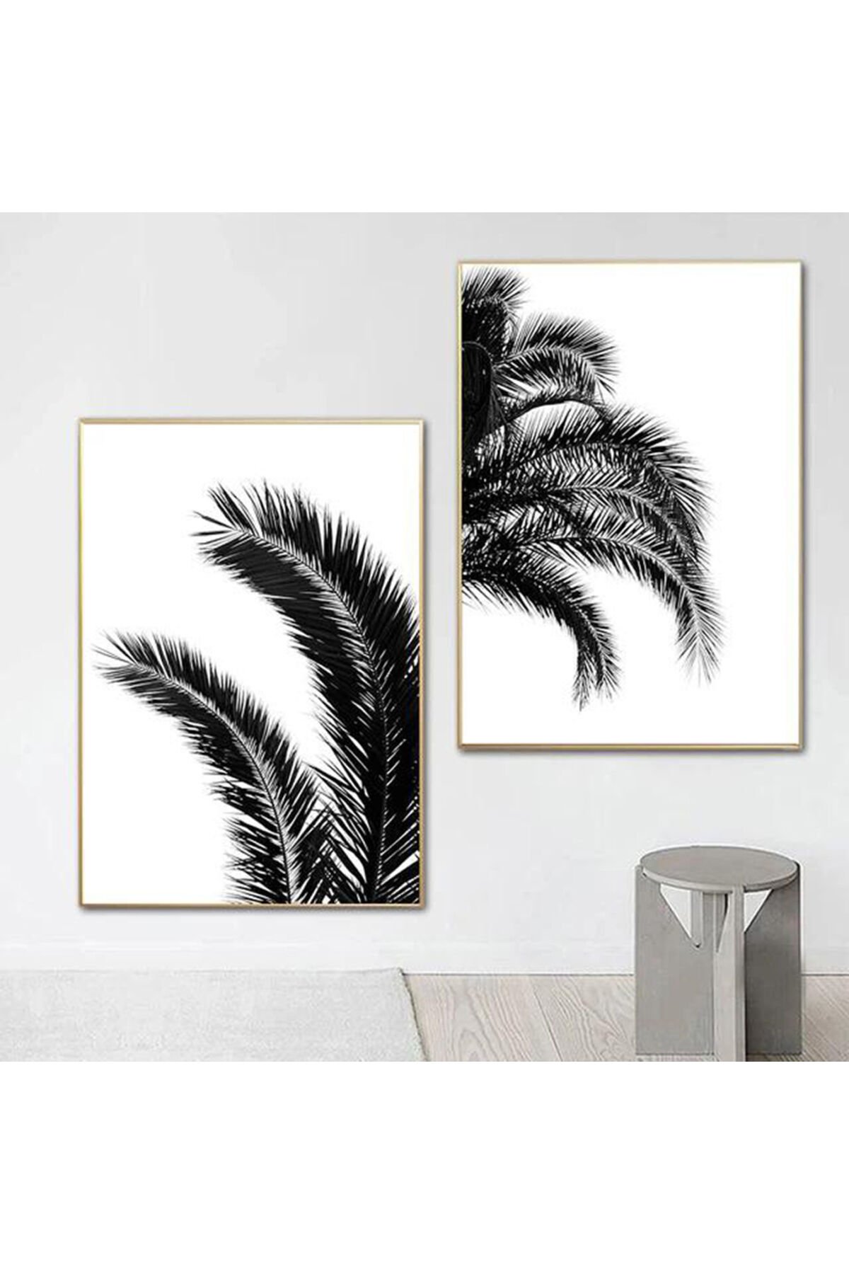 İkili Gold Metal Çerçeveli Siyah Beyaz Yaprak Camlı Tablo Seti