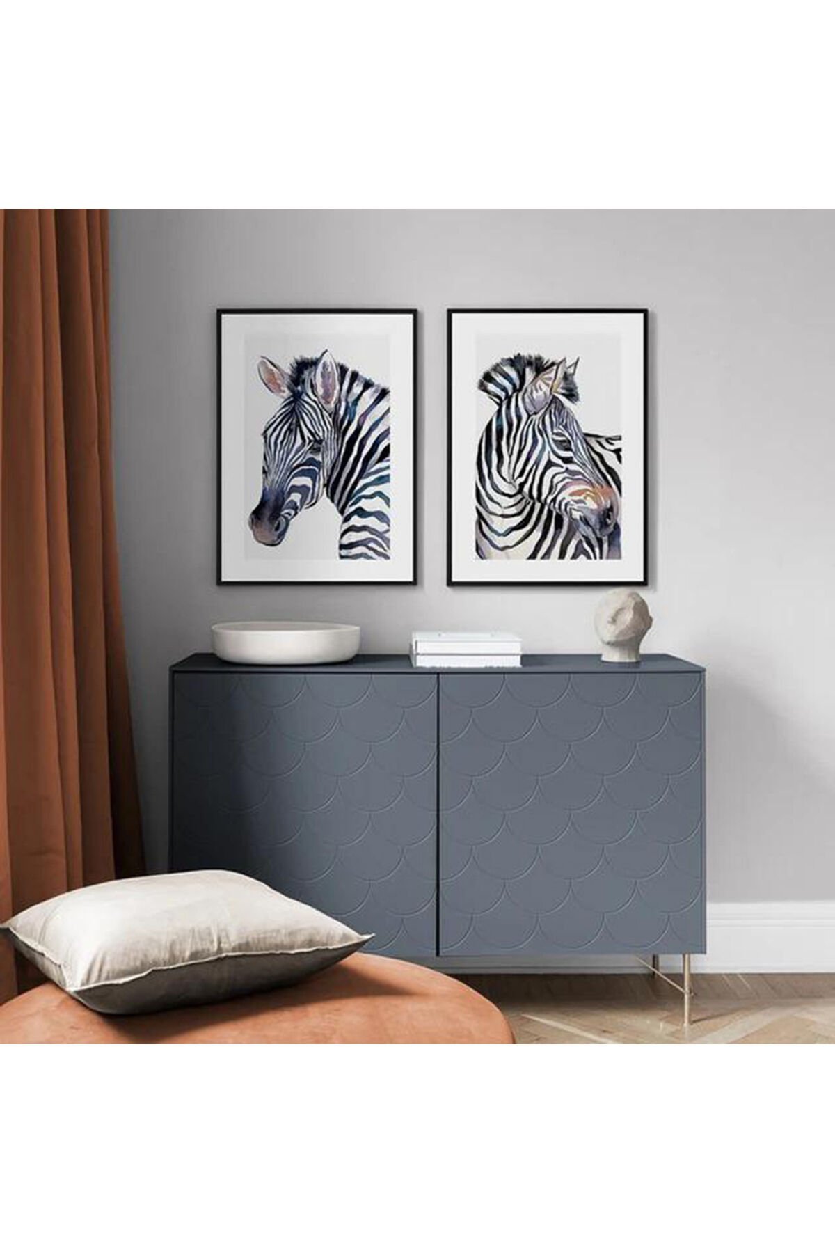 2li Siyah Metal Çerçeveli Modern Zebra Beyaz Cam Tablo Seti