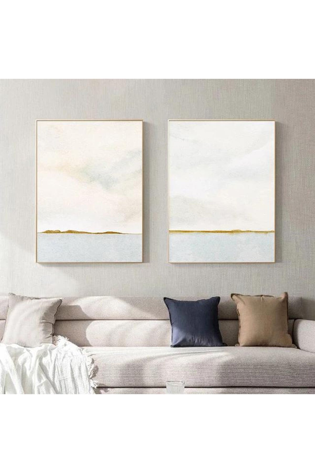 İkili Gold Metal Çerçeveli Mavi Estetik Minimal Camlı Tablo Seti