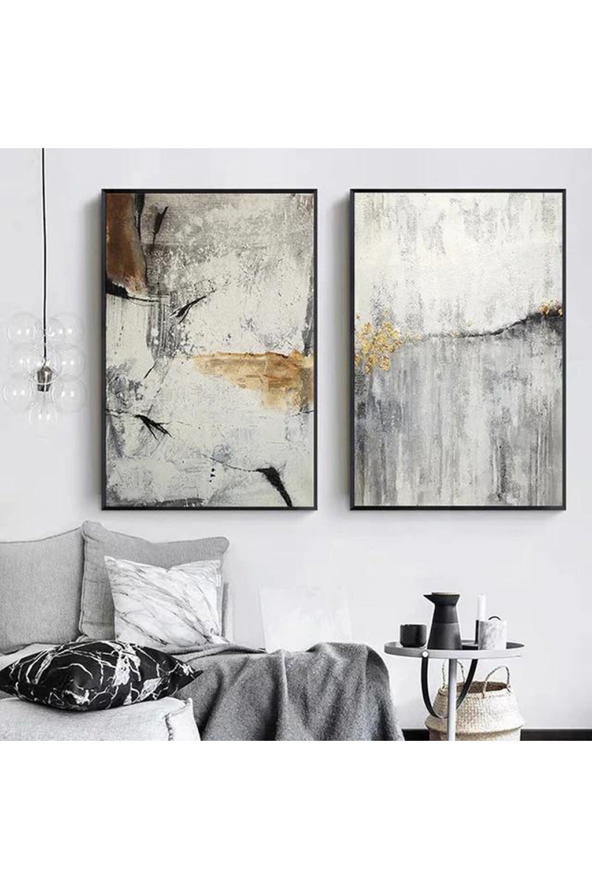 İkili Siyah Metal Çerçeveli Modern Stil Gri Camlı Tablo Seti