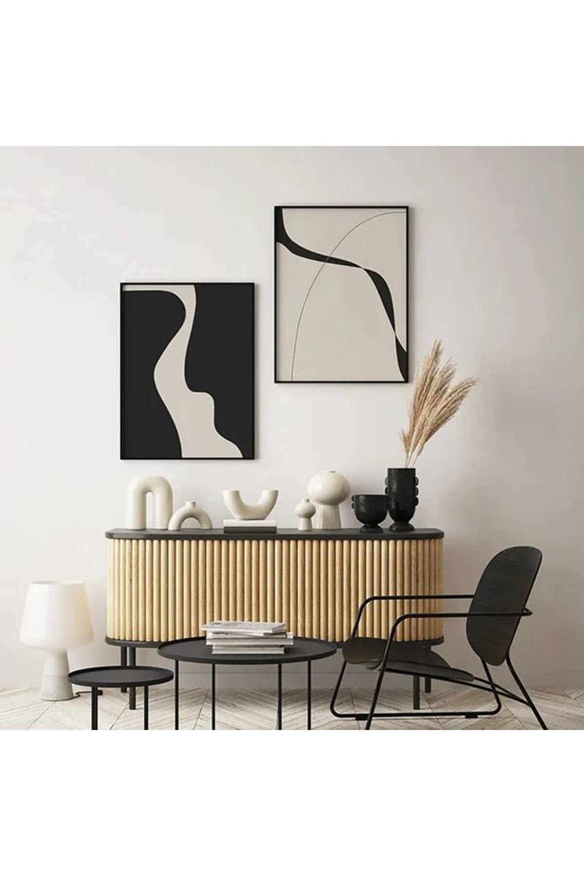 İkili Siyah Metal Çerçeveli Modern Stil Fenomen Beyaz Cam Tablo Seti