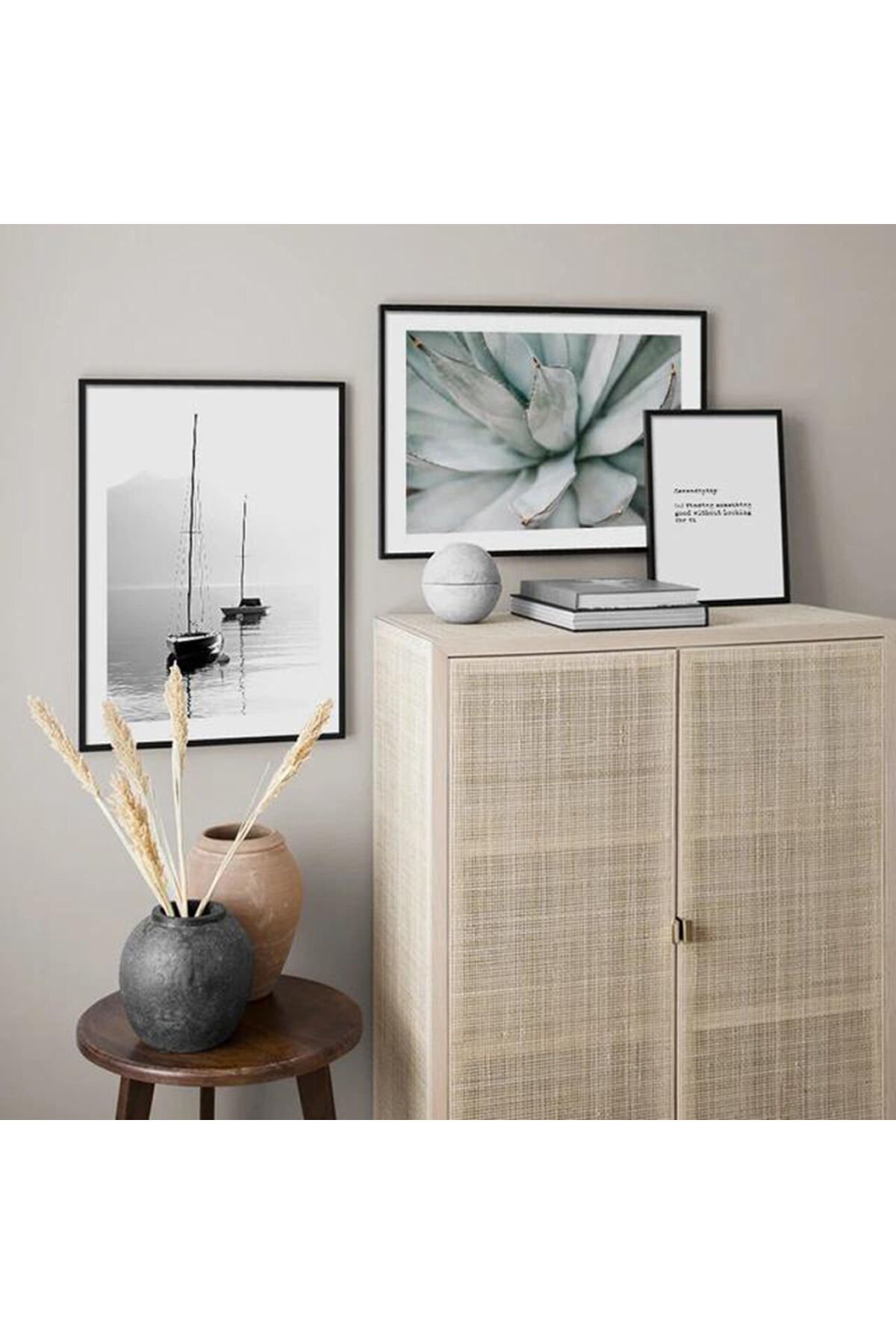 2li İnce Siyah Metal Çerçeveli Gemi Yaprak Cam Tablo Seti