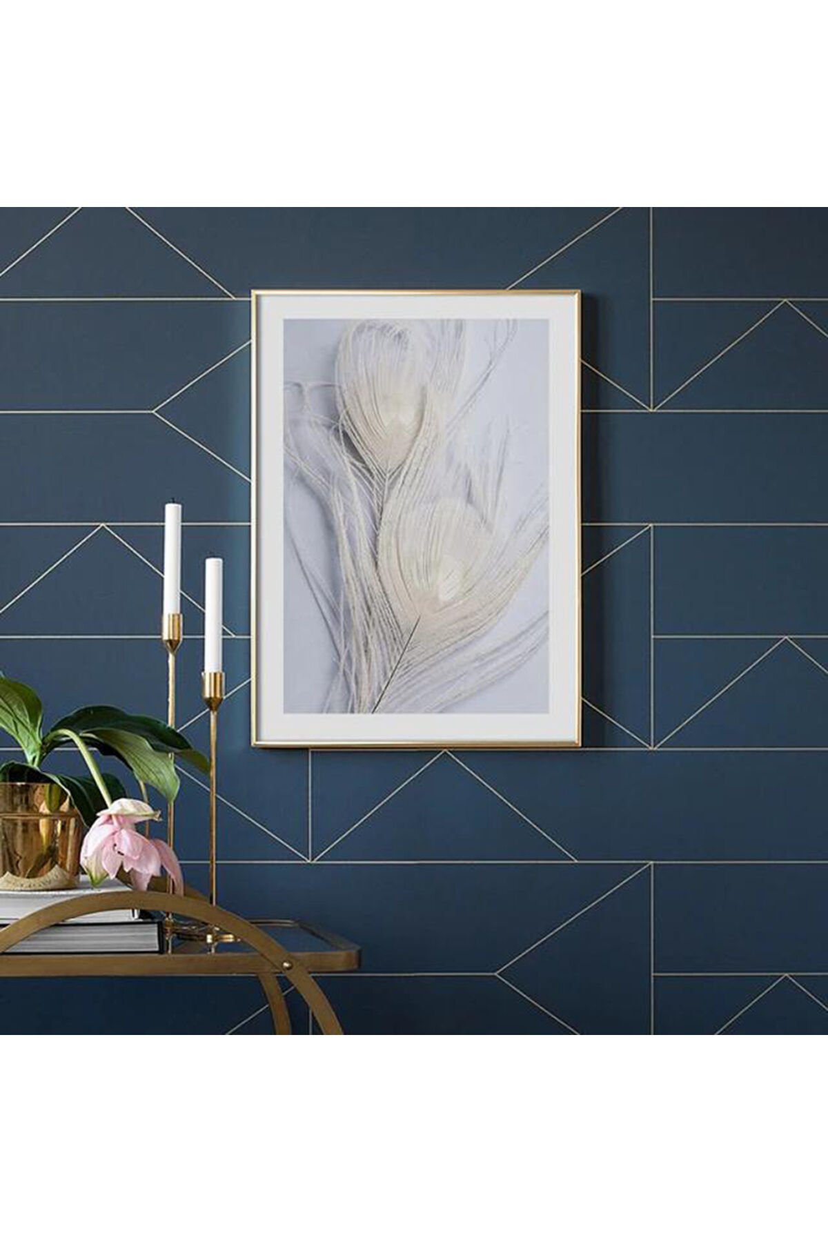 Tekli Gold Metal Çerçeveli Beyaz Tüy Poster Cam Tablo Seti