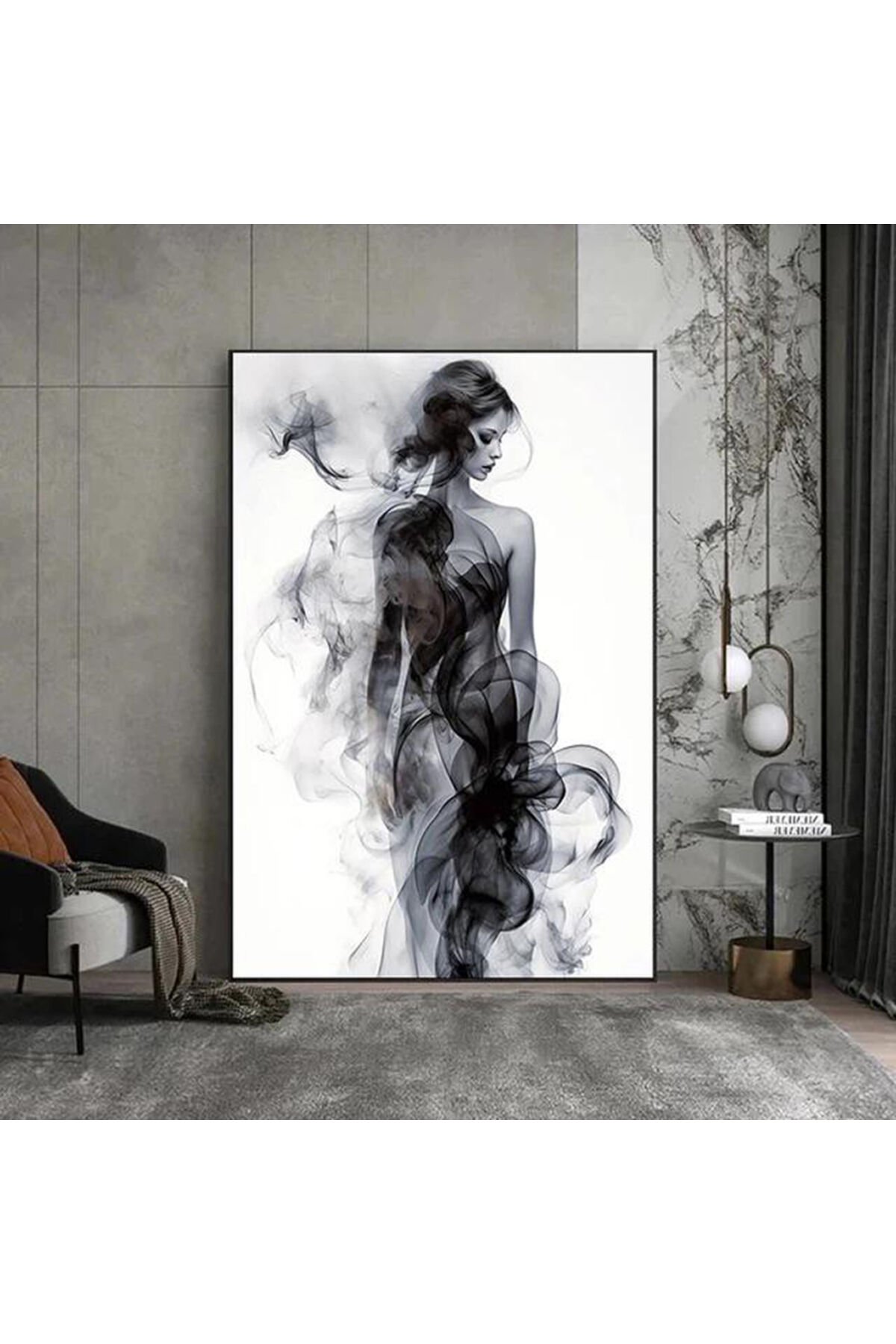 Tekli Siyah Metal Çerçeveli Soyut Kadın Cam Tablo Seti