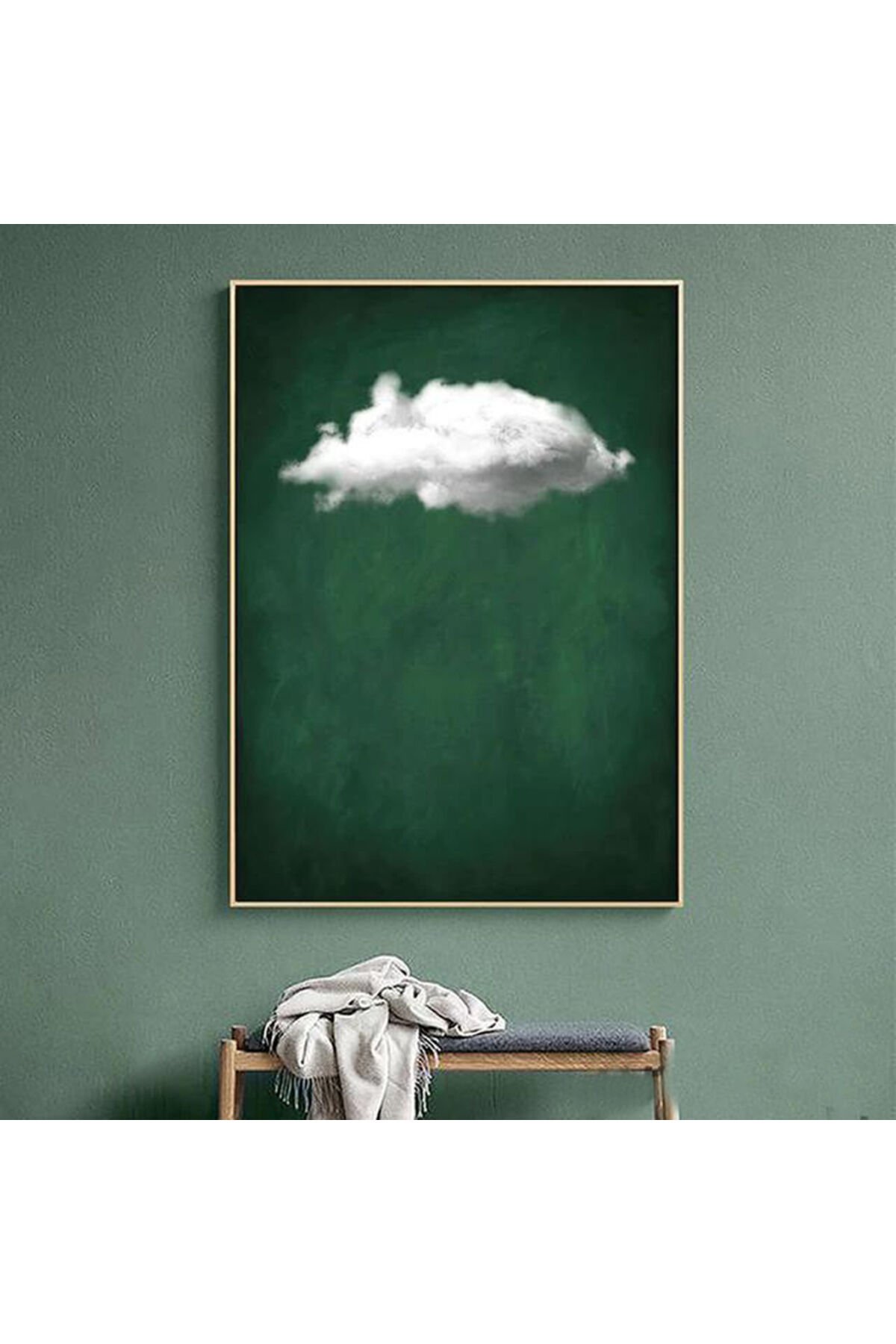 Tekli Gold Metal Çerçeveli Yeşil Bulut Poster Cam Tablo Seti