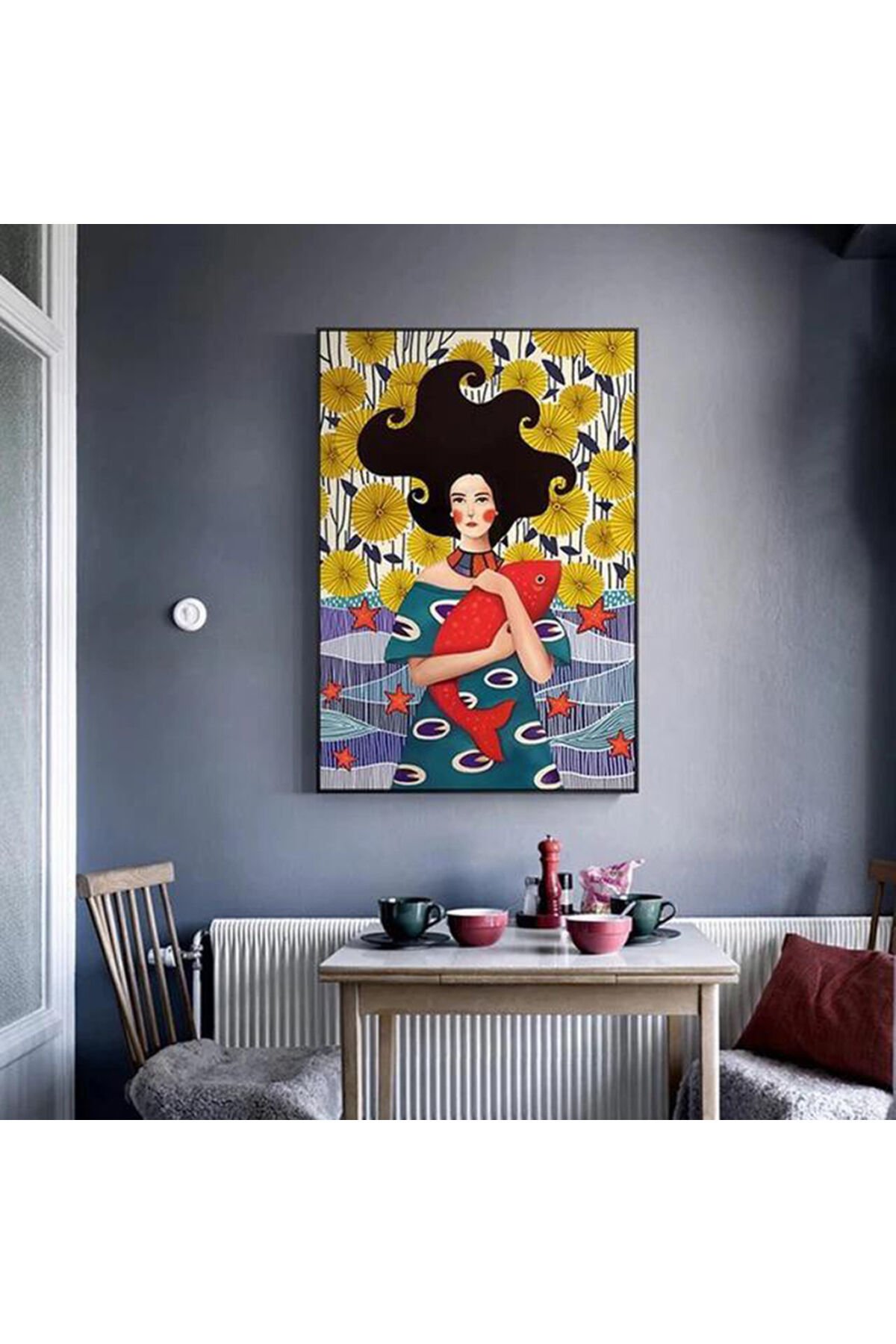 Tekli Siyah Metal Çerçeveli Kadın Renkli Canlı Cam Tablo Seti