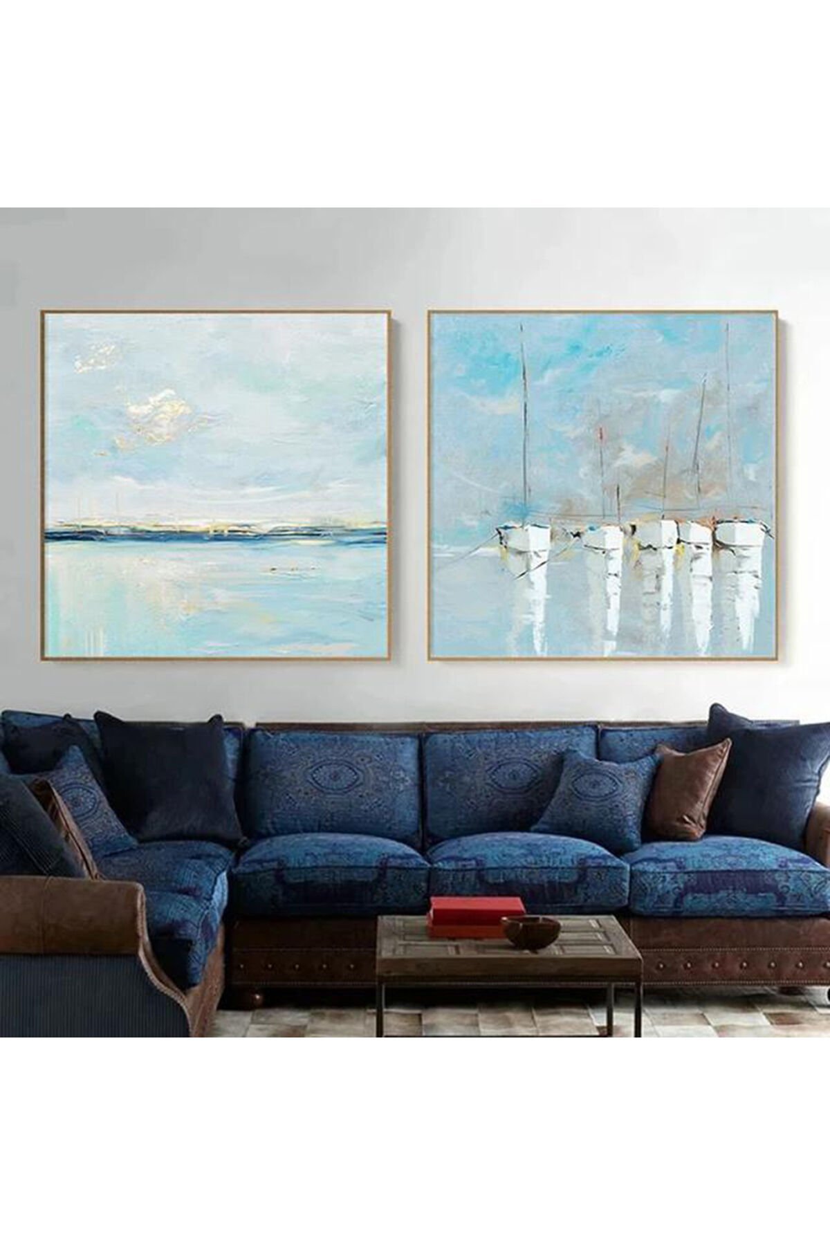 2li Gold Metal Çerçeveli Kayık Deniz Poster Cam Tablo Seti