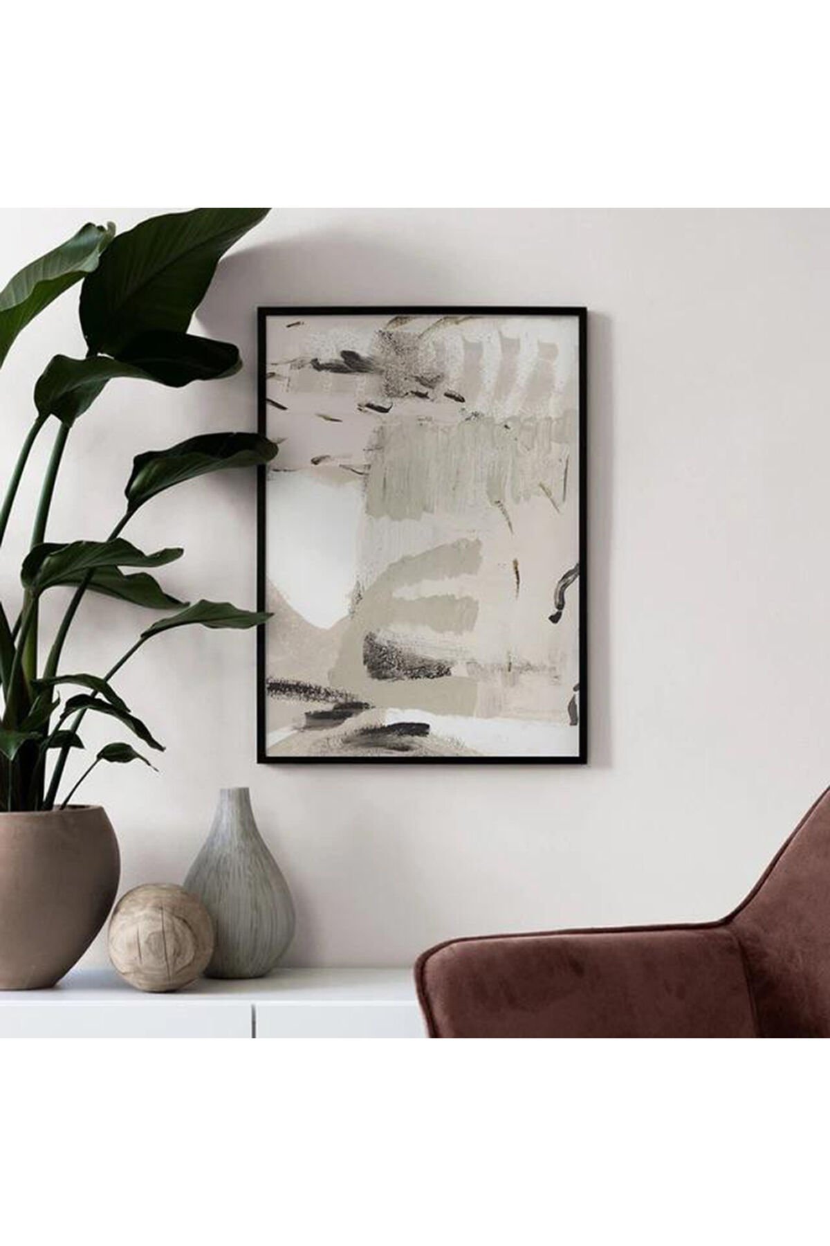 Tekli Siyah Metal Çerçeveli Bej GriPoster Cam Tablo Seti