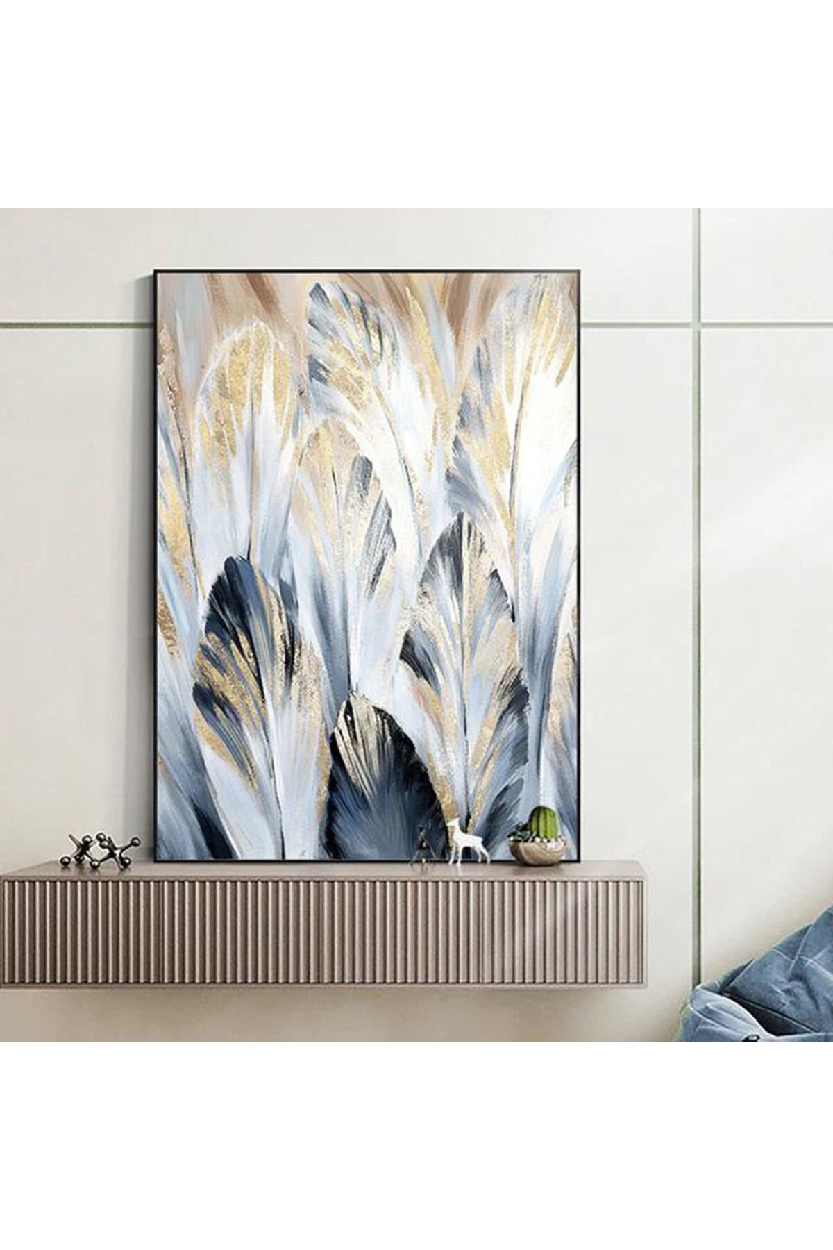 Tekli Siyah Metal Çerçeveli Gold Tüy Cam Tablo Seti