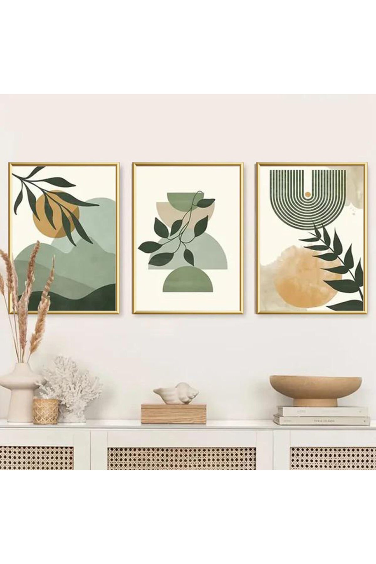 Üçlü Gold Metal Bohem Yeşil Yaprak Cam Tablo Seti