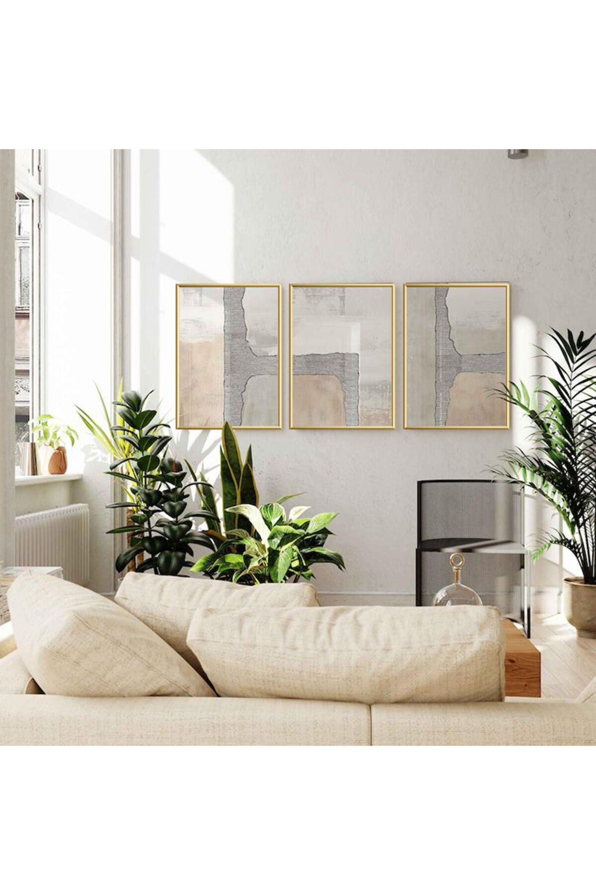 Üçlü Gold Metal Çerçeve Modern Desen Cam Tablo Seti