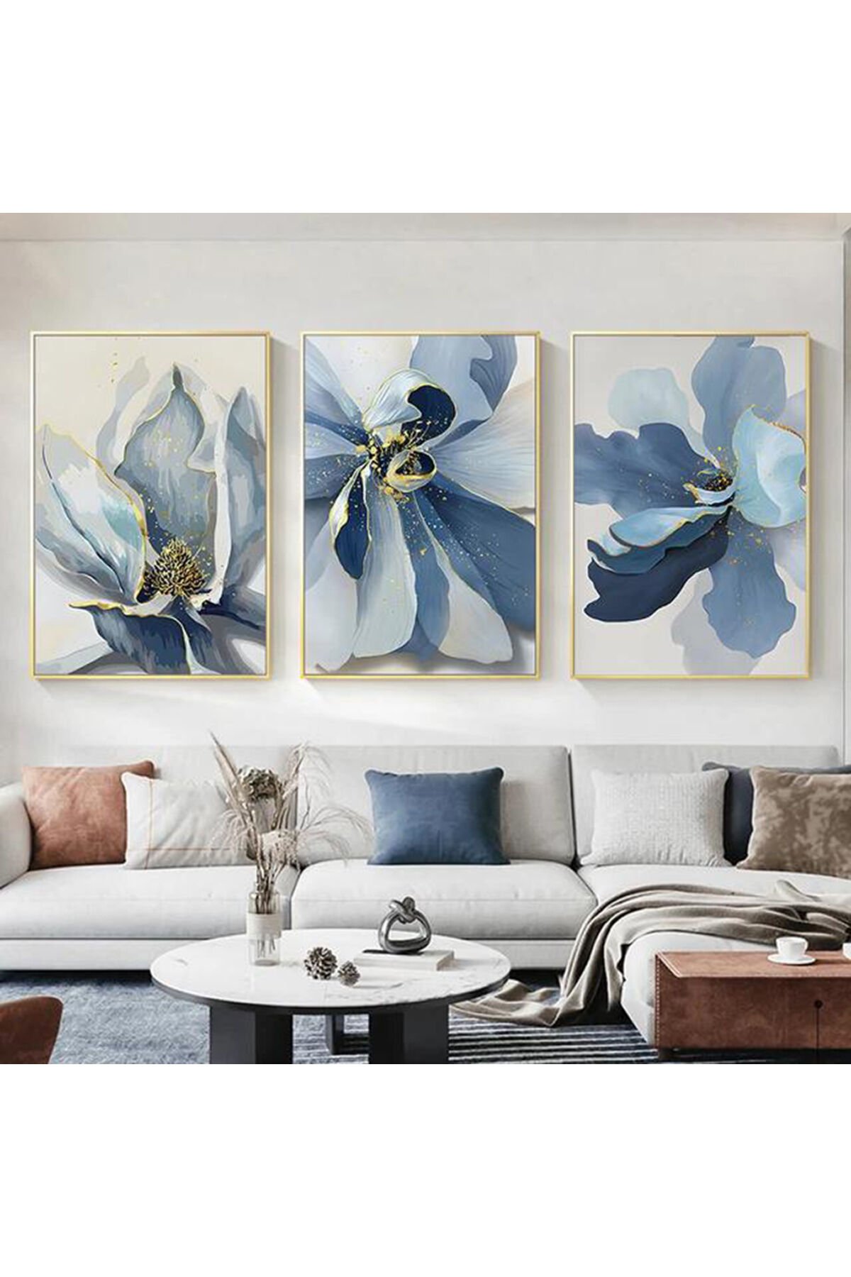 Üçlü Gold Metal Çerçeve Koyu Mavi Çiçek Cam Tablo Seti