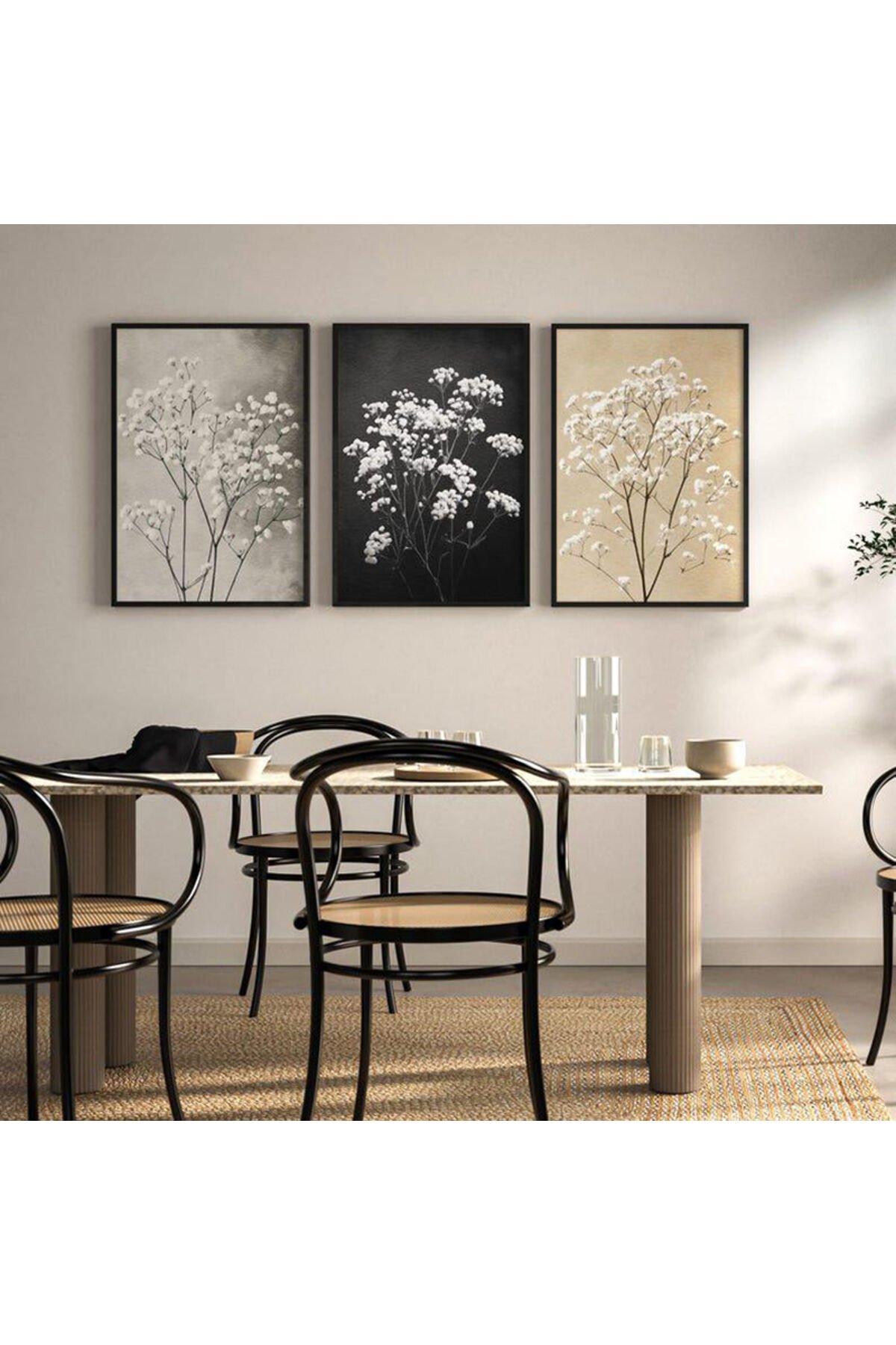 3 lu Siyah Metal Çerçeve Gri Çiçekler Cam Tablo Seti