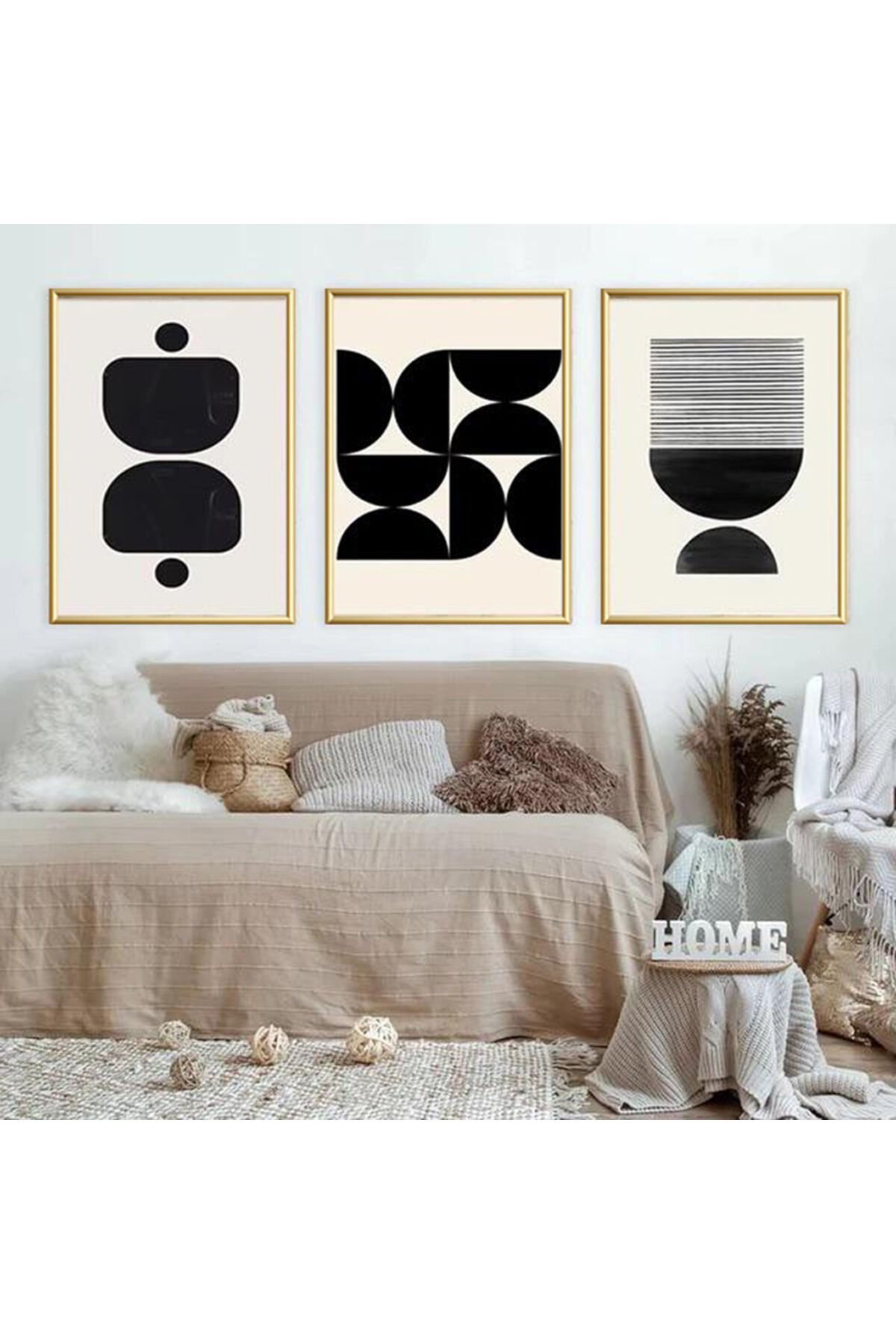 Üçlü Gold Metal Çerçeve Siyah Beyaz Modern Cam Tablo Seti