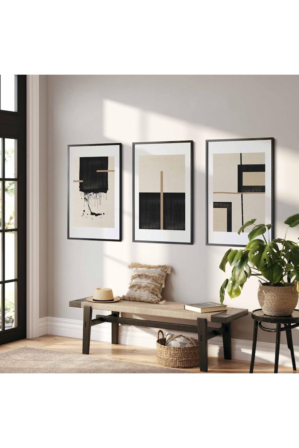Üçlü Siyah Metal Çerçeve Gri Siyah Geometrik Cam Tablo Seti