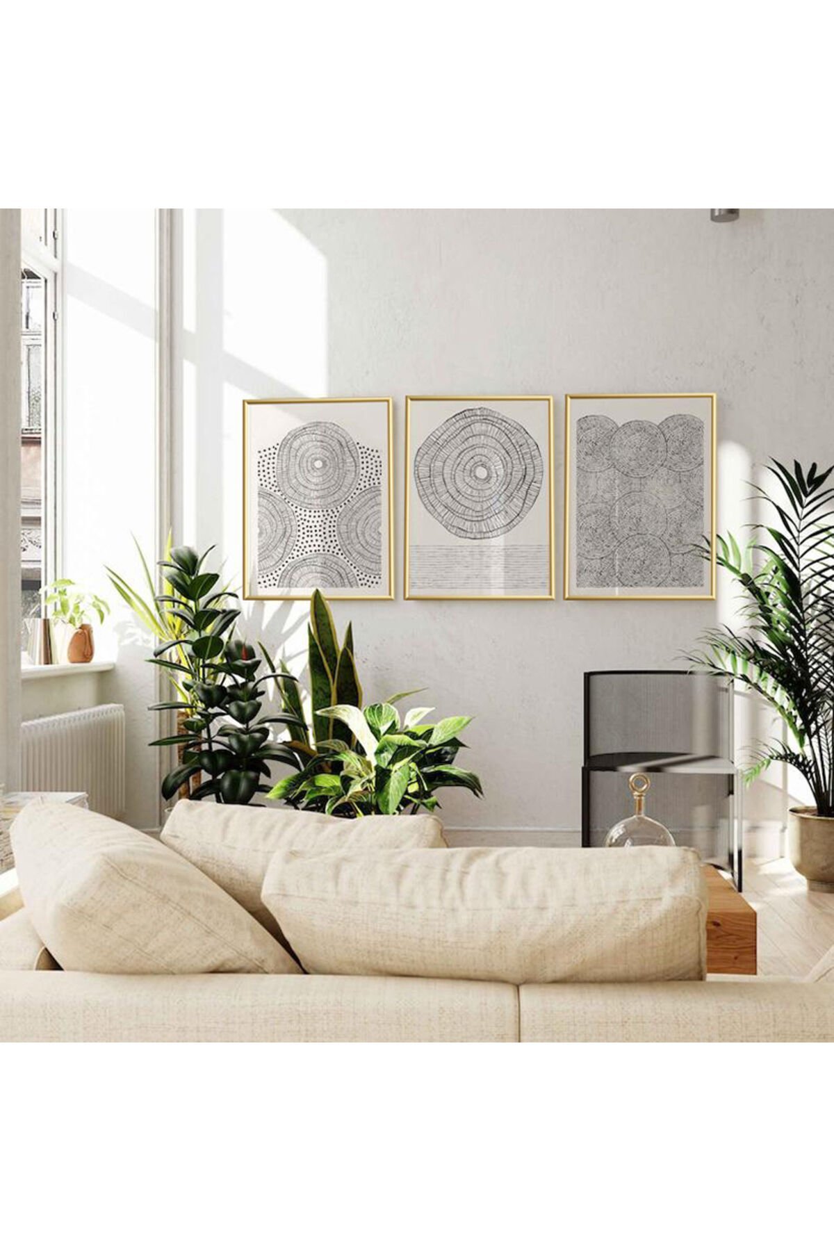 3 lü Gold Metal Çerçeve Modern Siyah Cam Tablo Seti