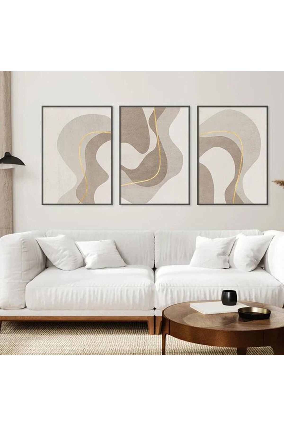 Üçlü Siyah Metal Çerçeve Kahve Krem Tarz Cam Tablo Seti